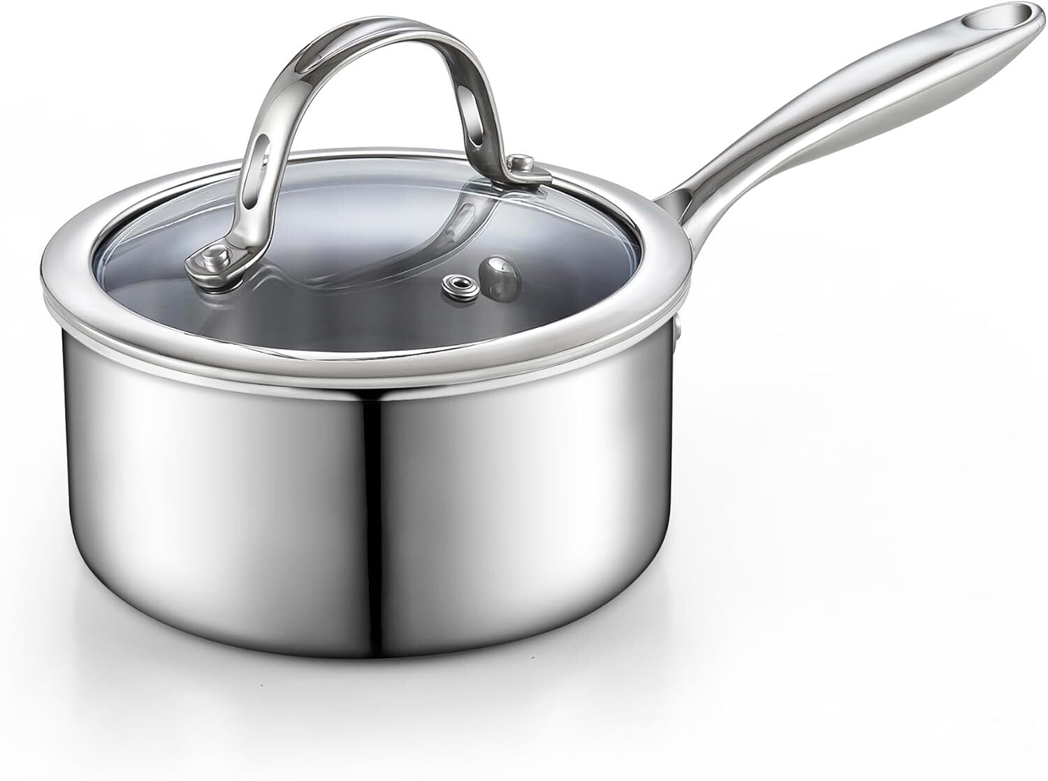 Elegant 1.5-Quart Stainless Steel Saucepan with Lid - Multi-Ply Clad Design