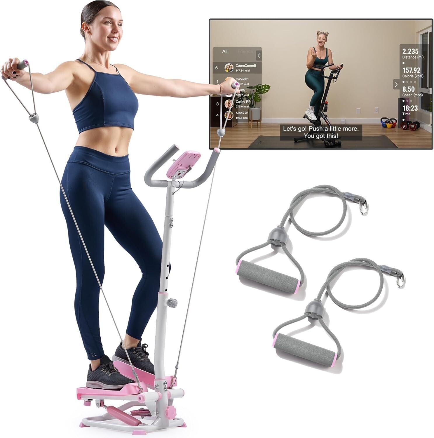 2-in-1 Smart Workout Machine with Resistance Bands - Total Body Fitness in Pink