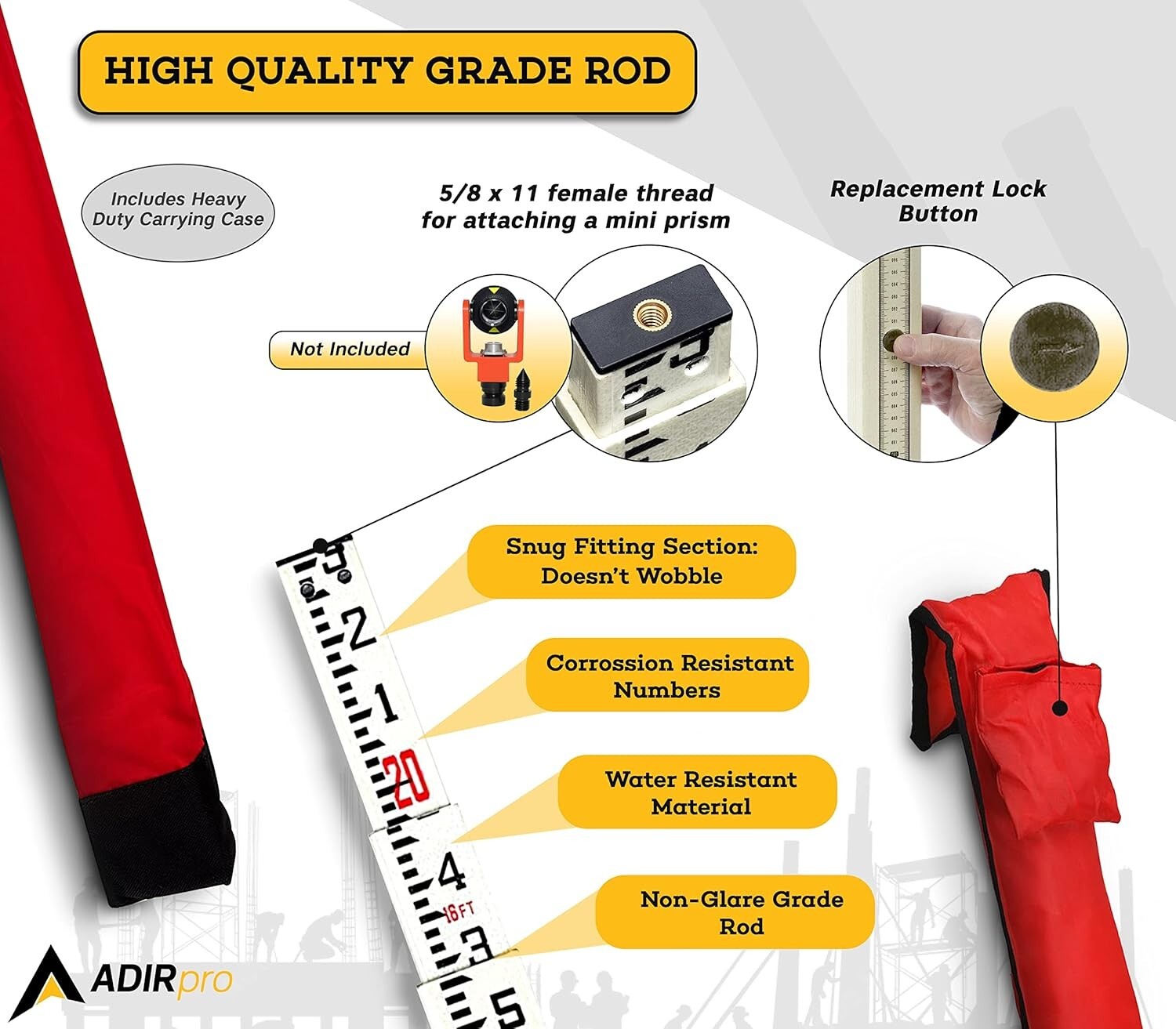 Professional 20' Fiberglass Leveling Rod with Weather-Resistant Graduation Marks