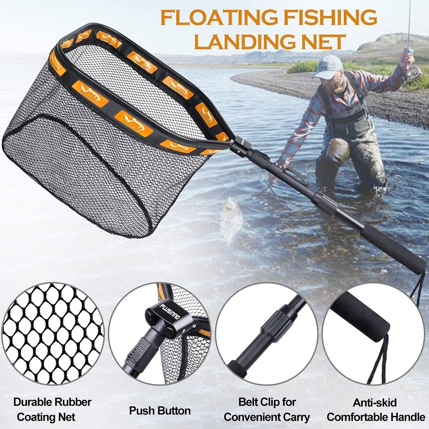 Large Floating Fish Landing Net - 19.7" Hoop, Rubber Coating, and Folding Design