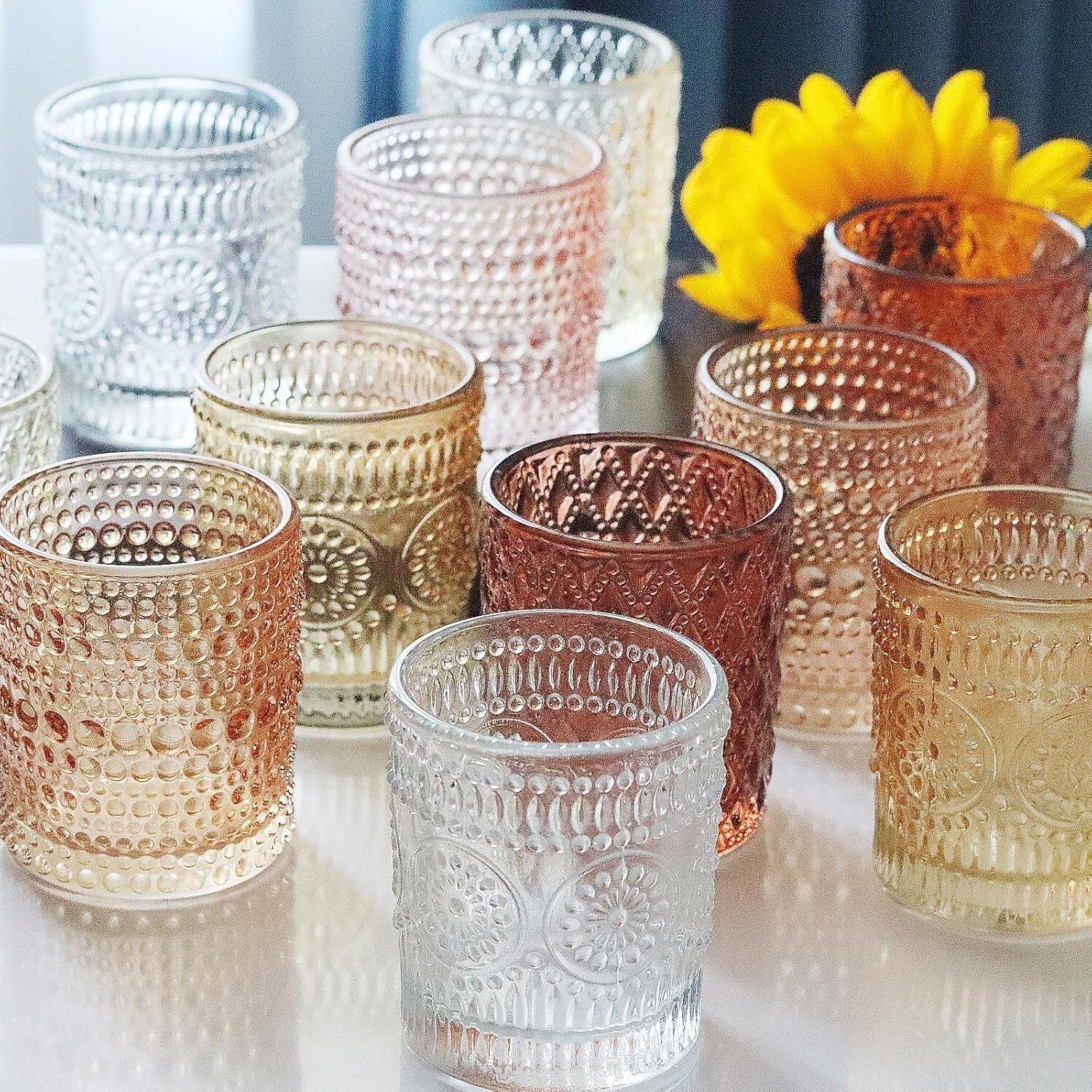Durable 24-Piece Glass Candle Holders Set - 3 Patterns, Perfect for Centerpieces