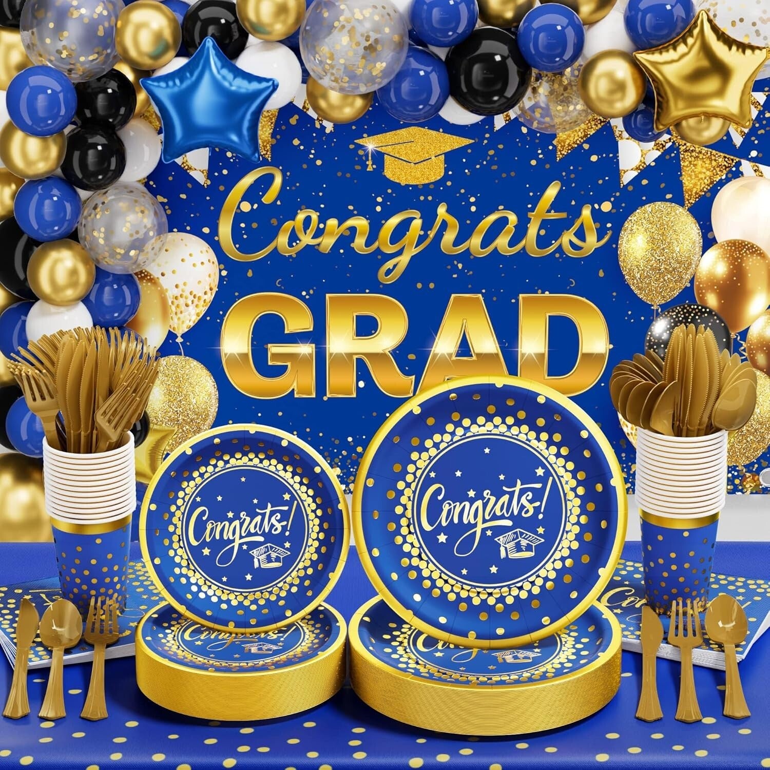 2025 Graduation Party Supplies - 245 PCS Blue & Gold Complete Decoration Kit
