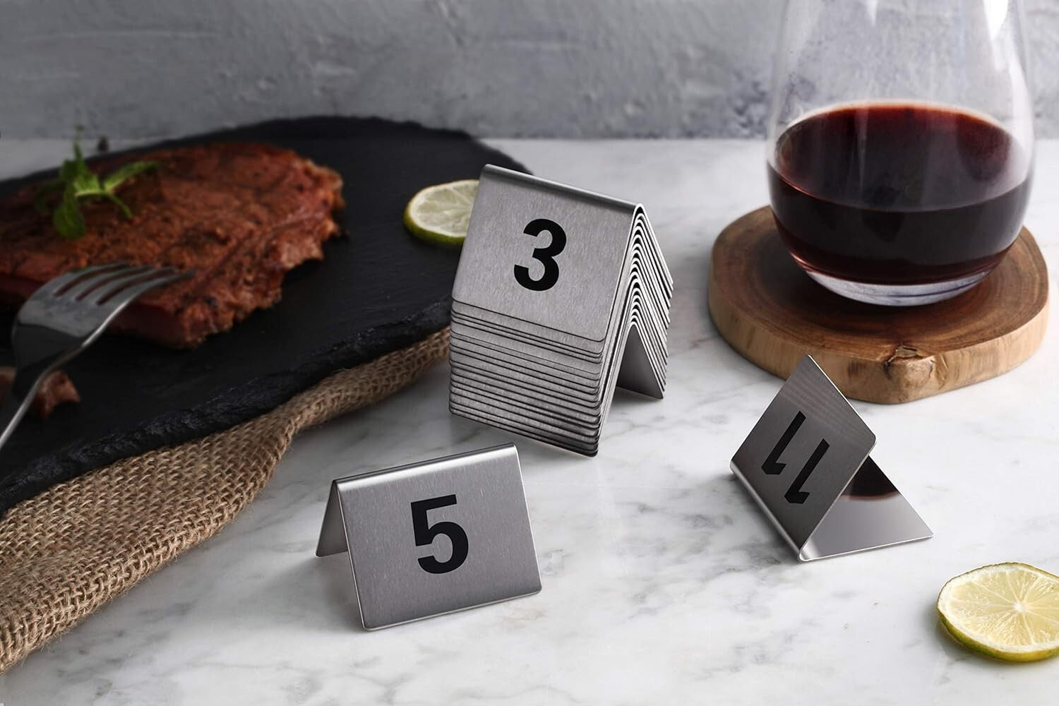 Double-Sided Stainless Steel Table Number Cards 1.5" x 2" for Banquets