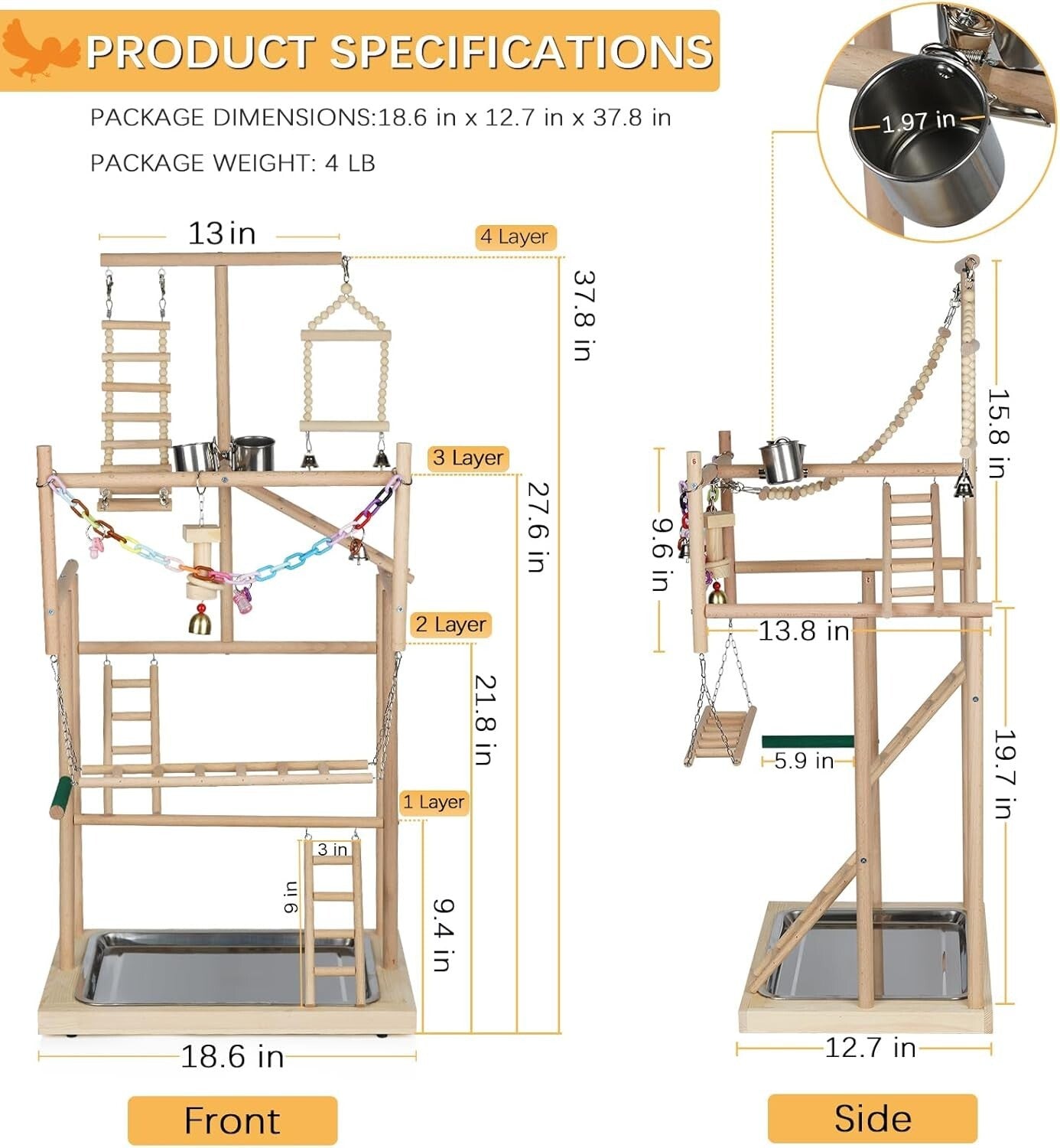 Handcrafted Parrot Play Gym with Perches, Toys & Bells—Ideal for Bird Training