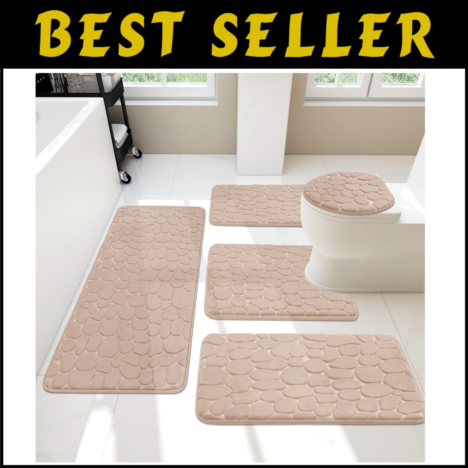 Luxurious Water-Absorbent Bath Rug Set - 5-Piece Memory Foam Khaki Collection