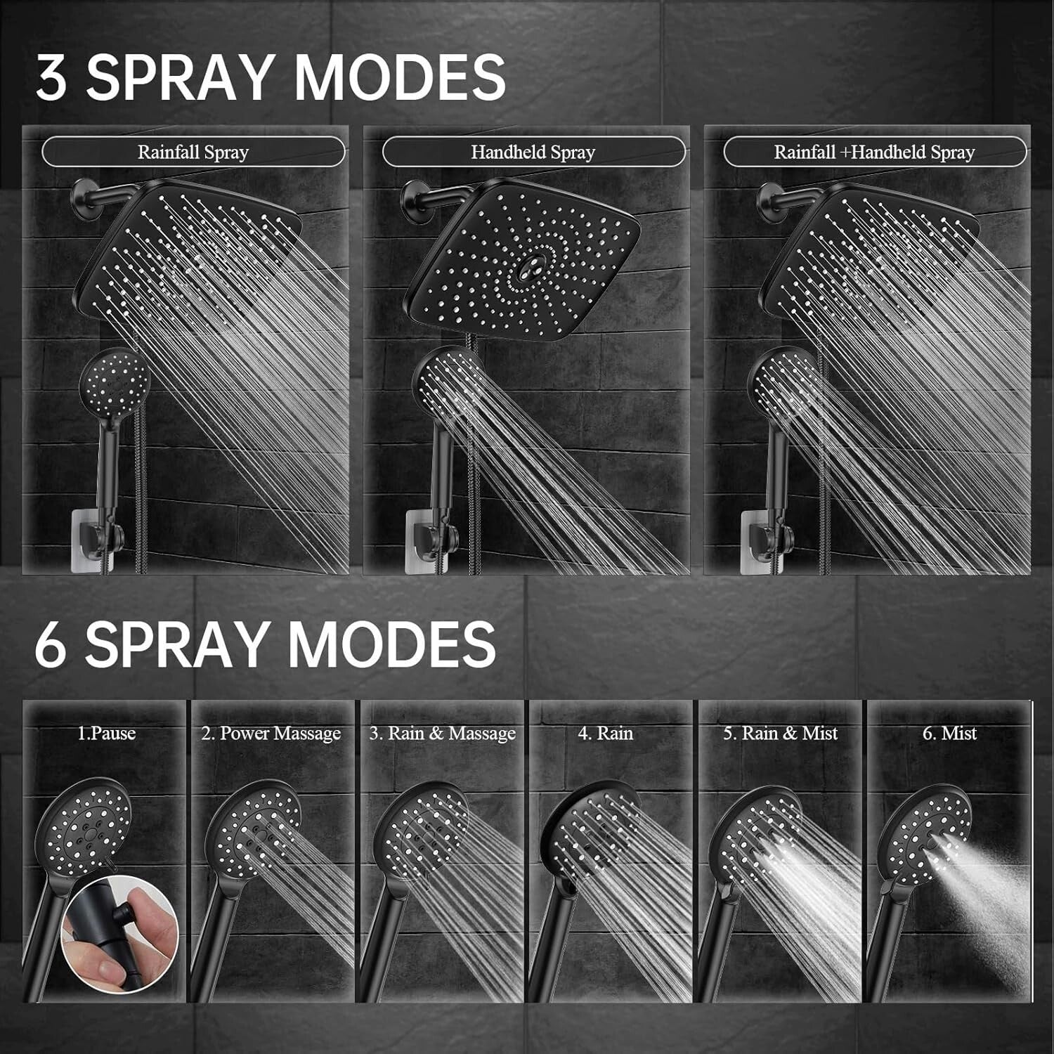 Luxurious 11.8-Inch Eco Flow Shower Head with 6 Settings - Matte Black Finish