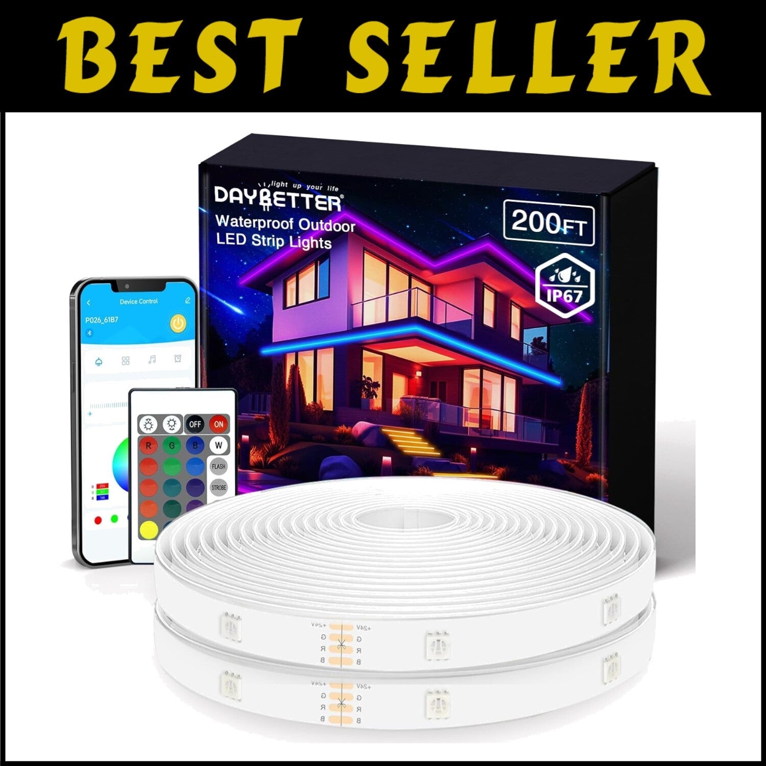 200ft IP67 Waterproof LED Strip Lights with Remote & App Control – RGB Ambiance