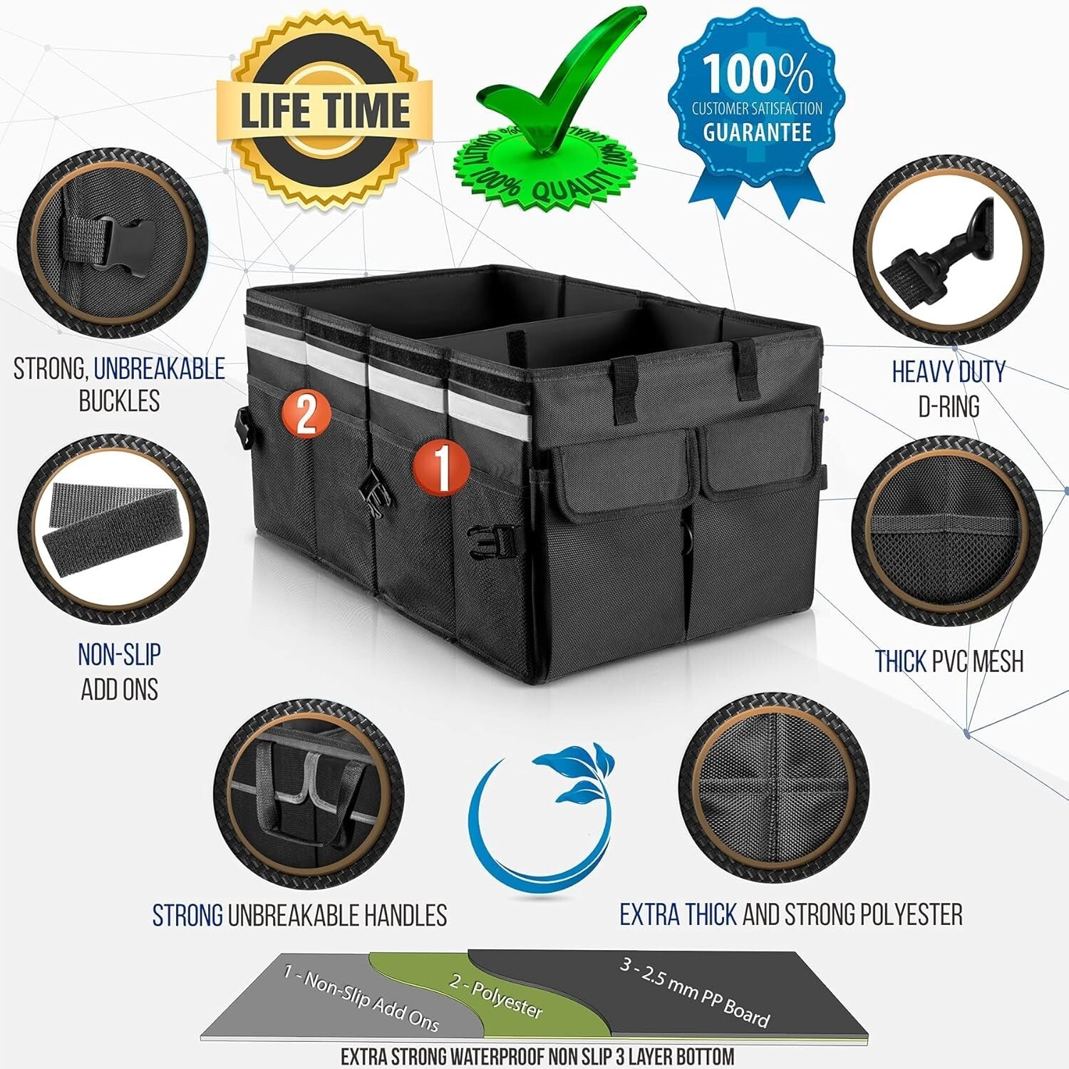 Premium Polyester Car Trunk Storage Organizer - Non-Slip, Insulated, Lightweight