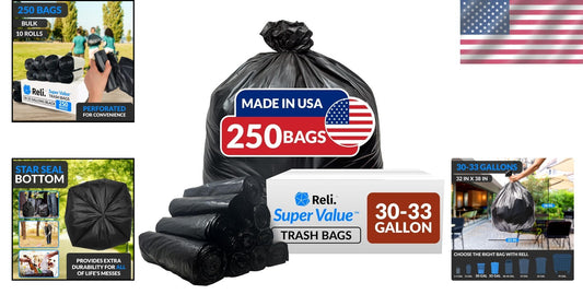 Extra Strong 33 Gallon Trash Bags - Black Plastic, 250 Heavy Duty Liners