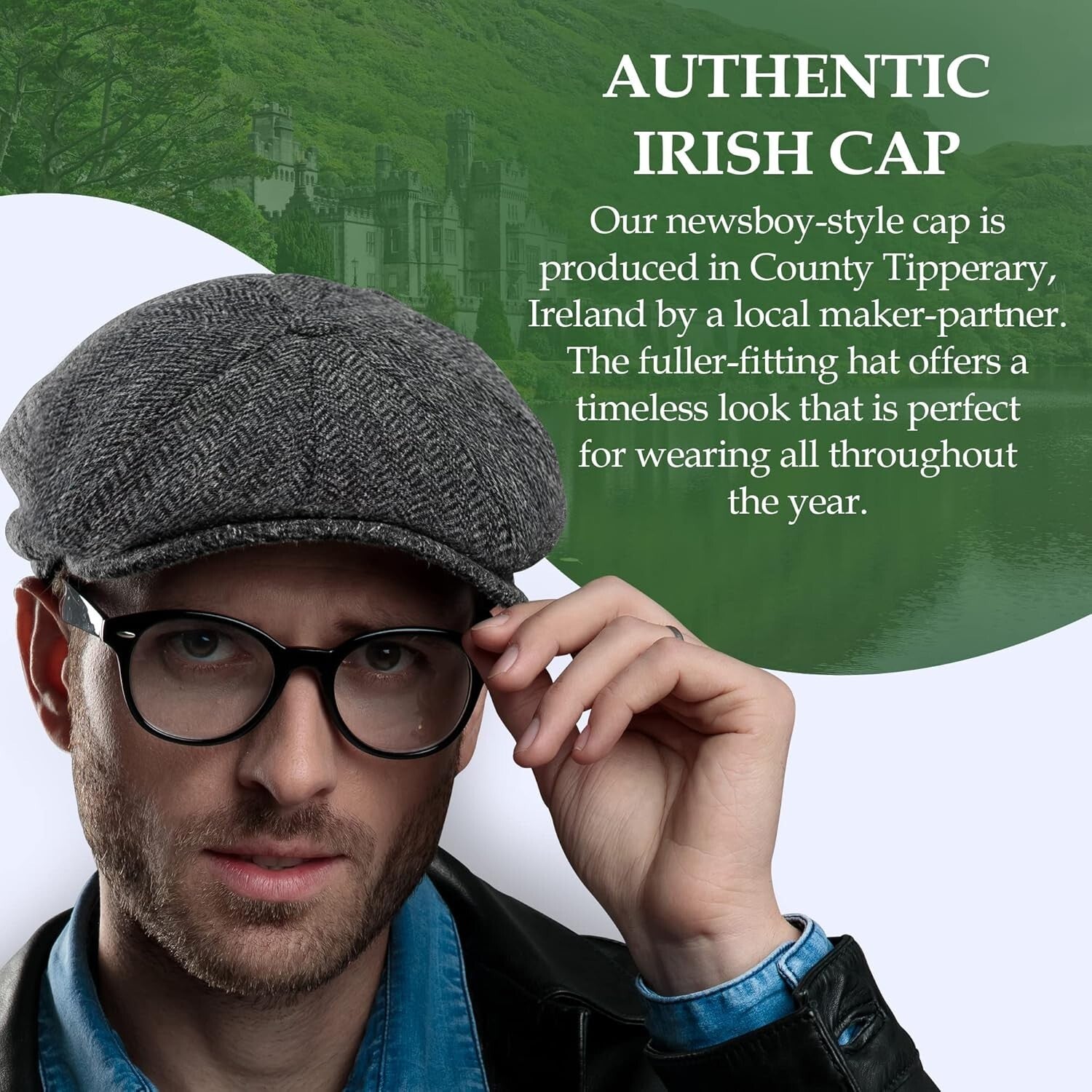 Authentic Irish Newsboy Cap - 100% Wool Herringbone Flat Cap for Men & Women