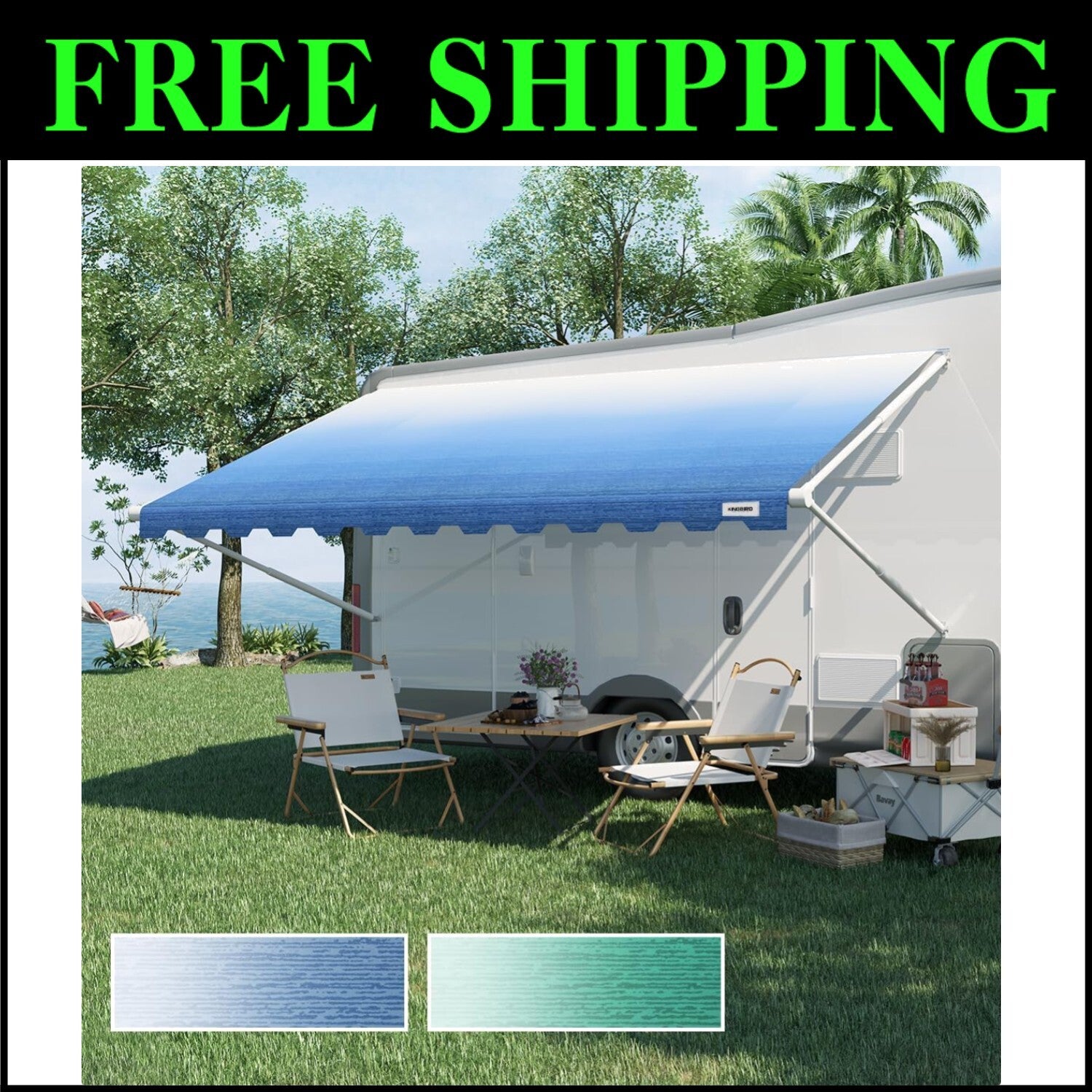 Durable Vinyl Awning Canopy - 14' Blue Fade Replacement for Trailers & Campers