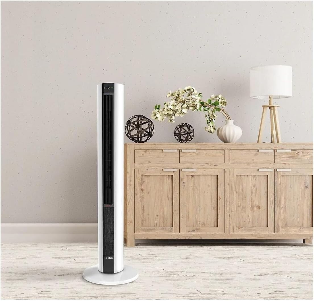 Versatile Bladeless Tower Fan and Heater - 3 Heat Settings, WT/Remote Control