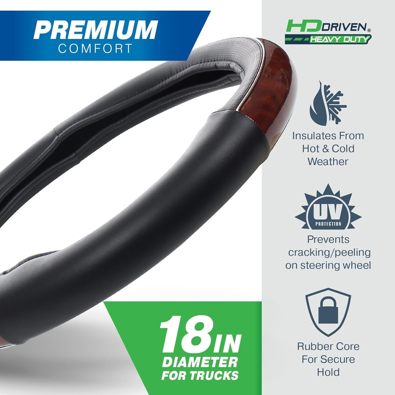 Easy Installation Woodgrain Leather Steering Wheel Cover for 18” Steering Wheels