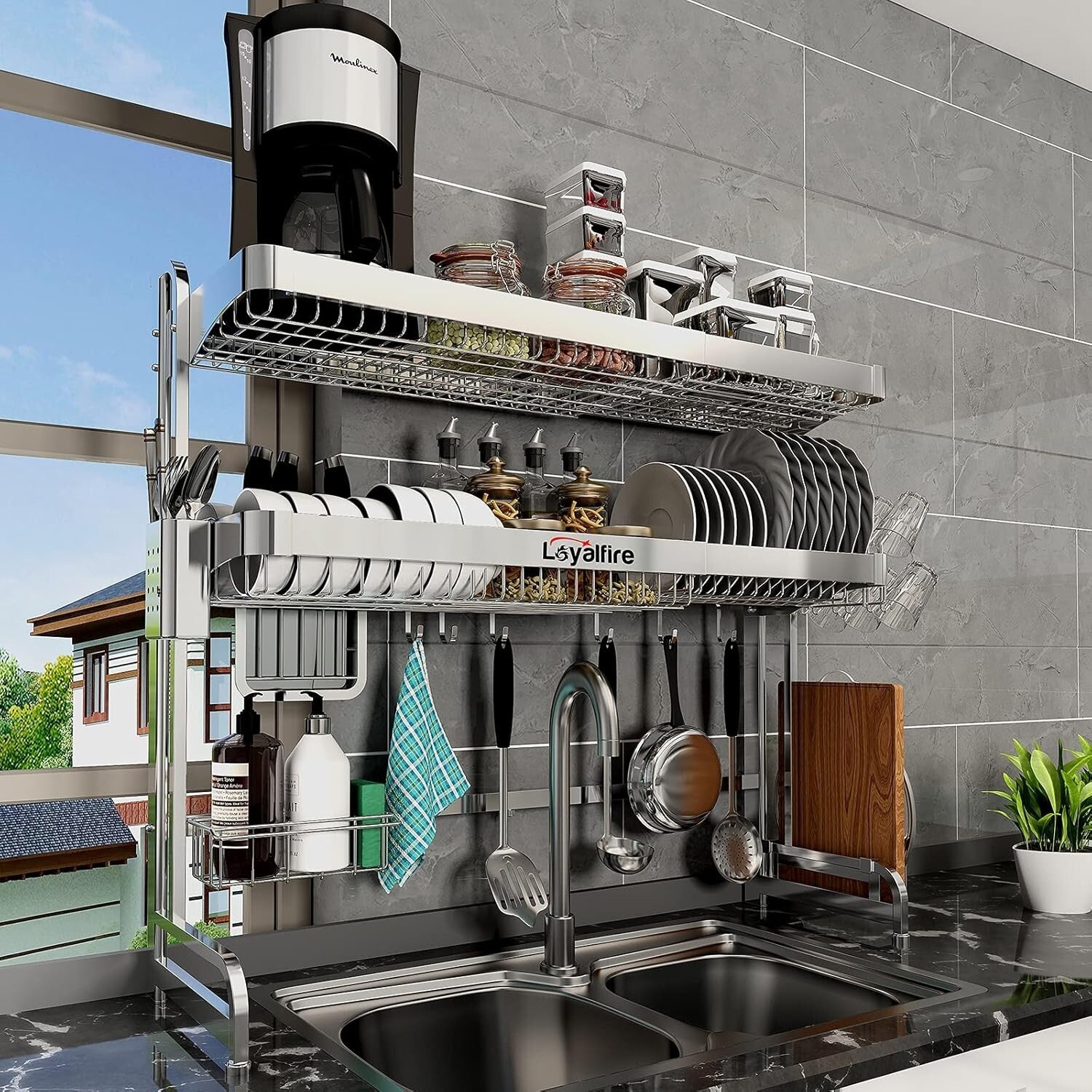 Premium Stainless Steel Over Sink Dish Rack - Multi-Functional 3 Tier Organizer