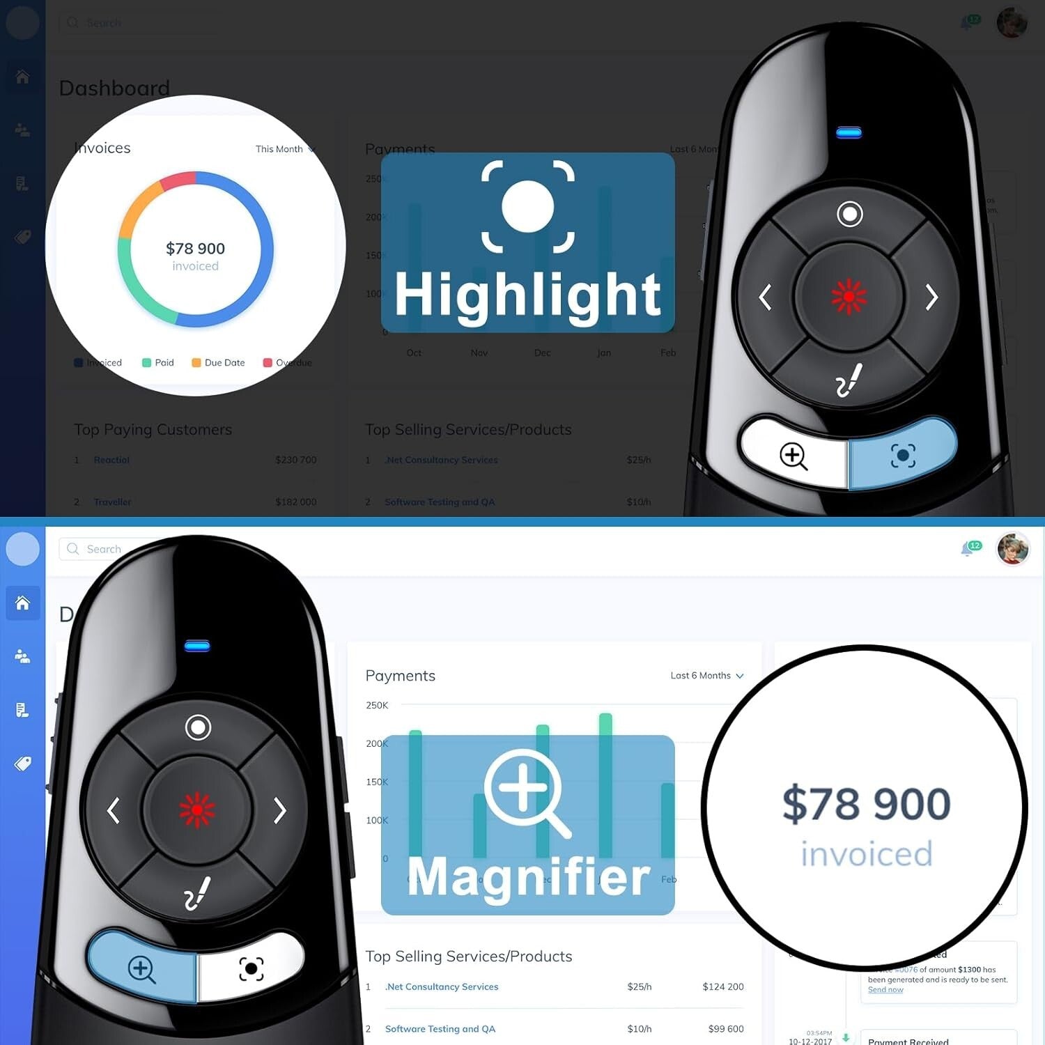 2-in-1 USB Type C Wireless Presentation Clicker - Advanced Highlight & Magnifier