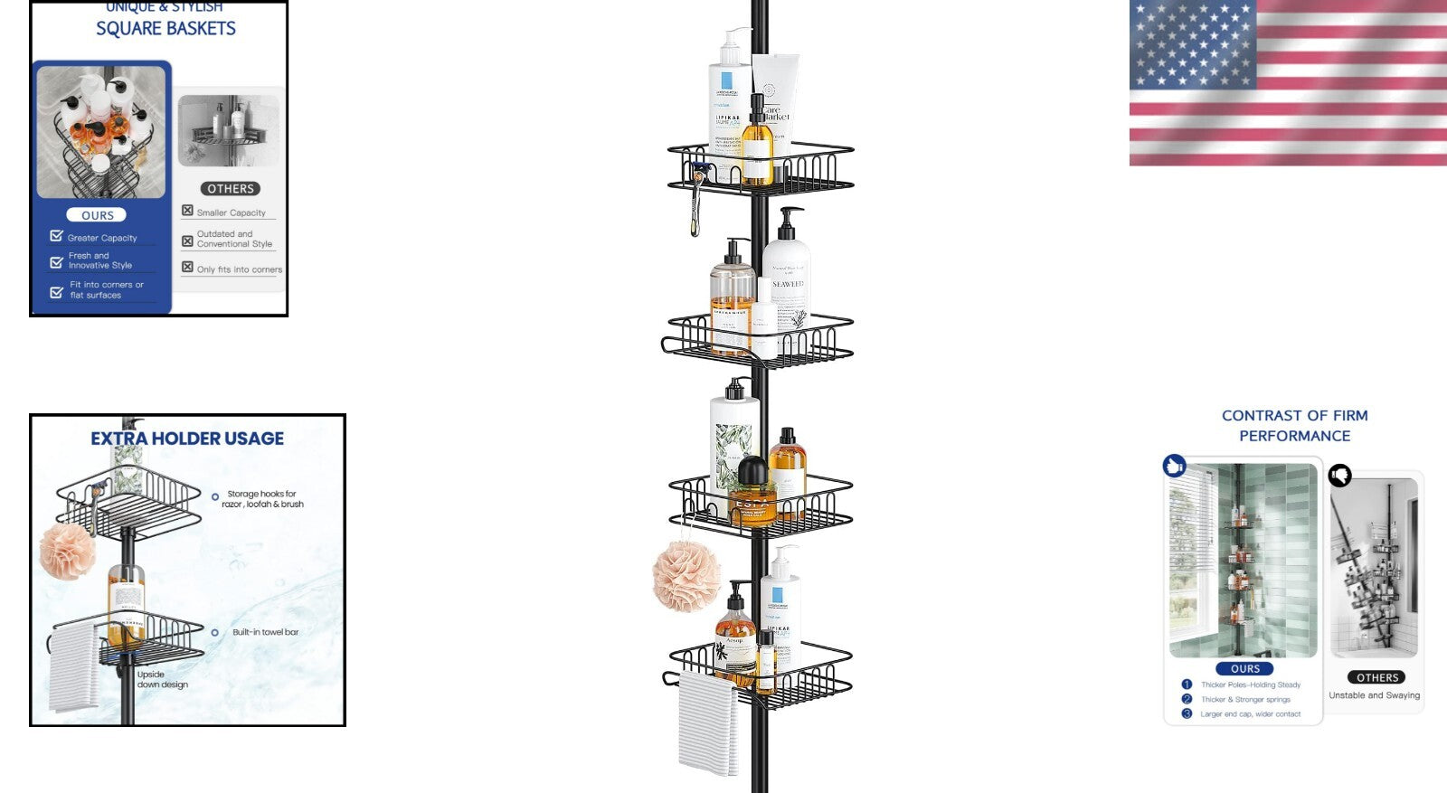Durable Rust-Resistant Shower Organizer - Freestanding Tension Pole Caddy 113 In