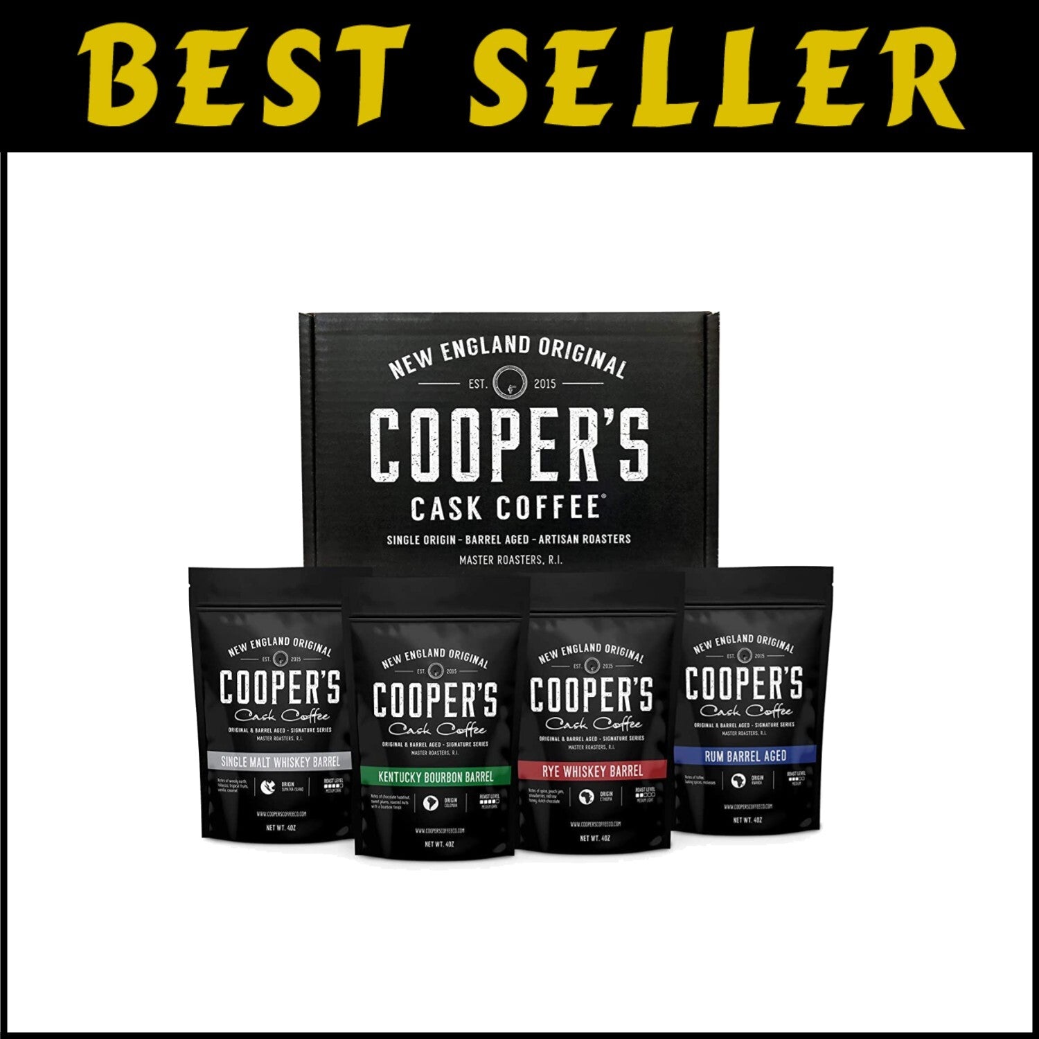 Artisan 4-Pack Aged Coffee Set - Ground Bourbon, Rye, Malt Whiskey & Rum Flavors