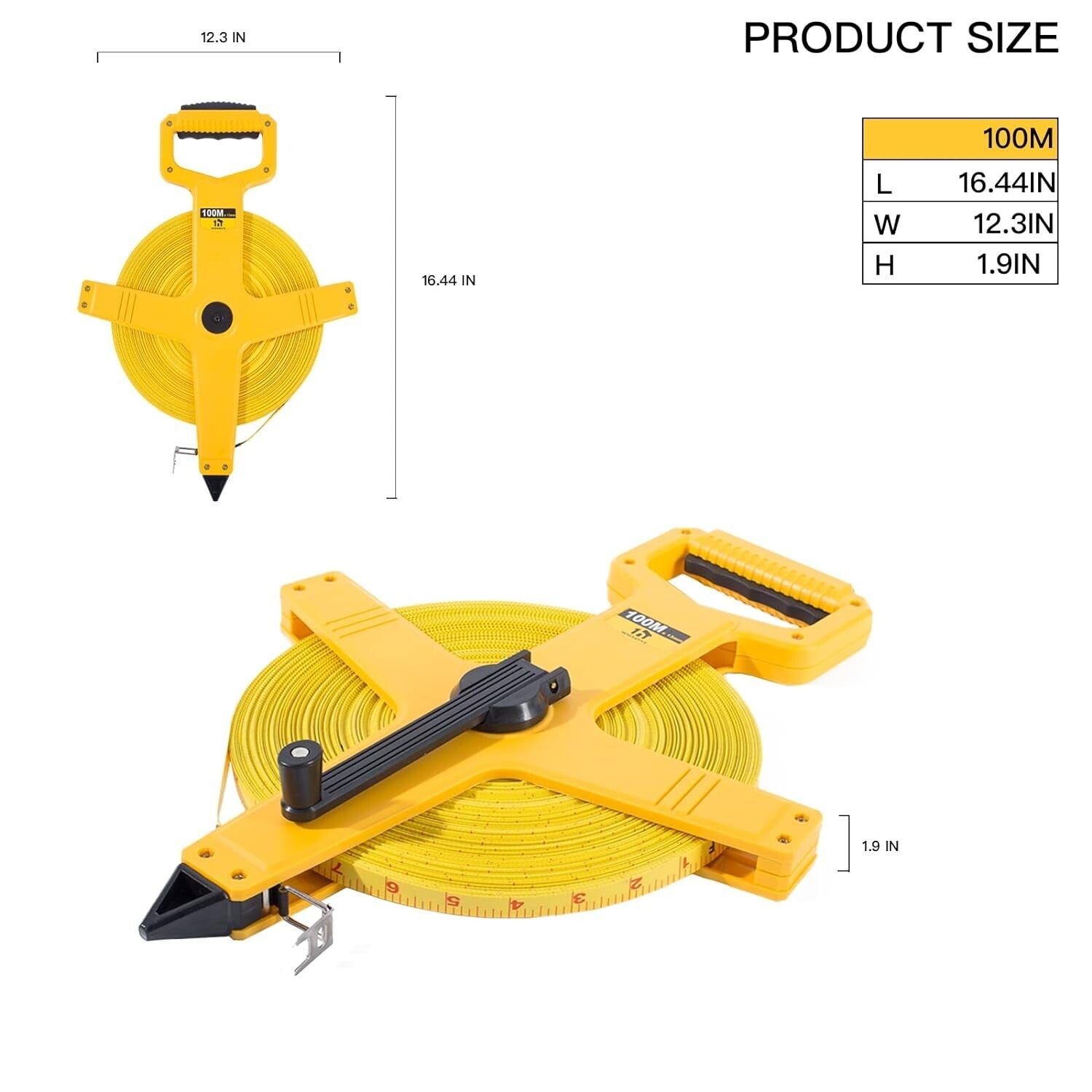330-Foot Fiberglass Tape Measure - Dual Scale, Impact-Resistant Bright Yellow