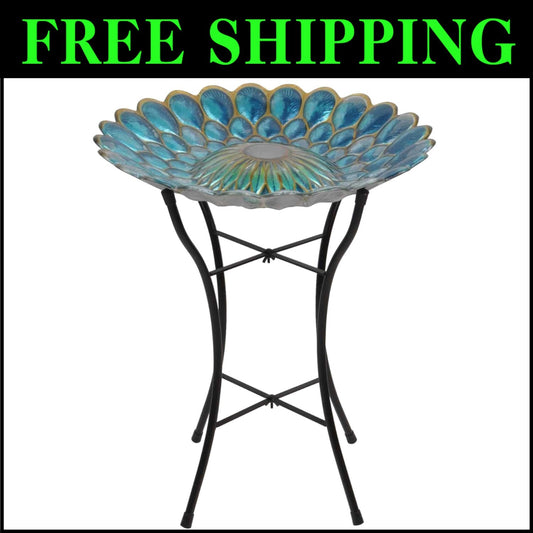 Freestanding 21-Inch Solar Birdbath Bowl with Vibrant Mosaic and LED Light