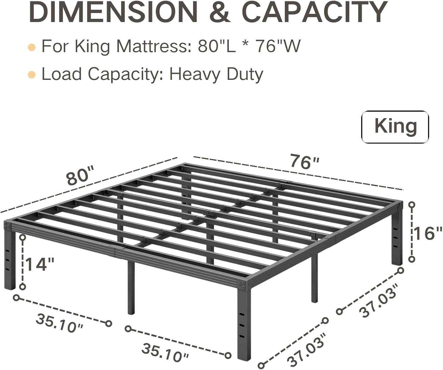 Durable King Metal Bed Frame: 16" Tall with Under-Bed Storage & No Box Spring