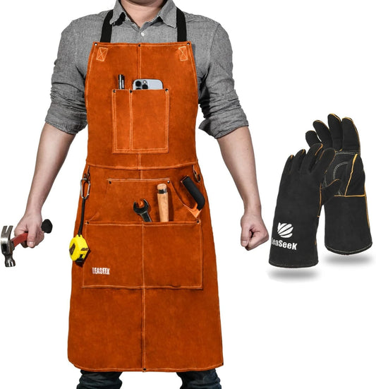 Protection & Comfort: Leather Welding Apron with 6 Pockets - Ideal Gift for Pros