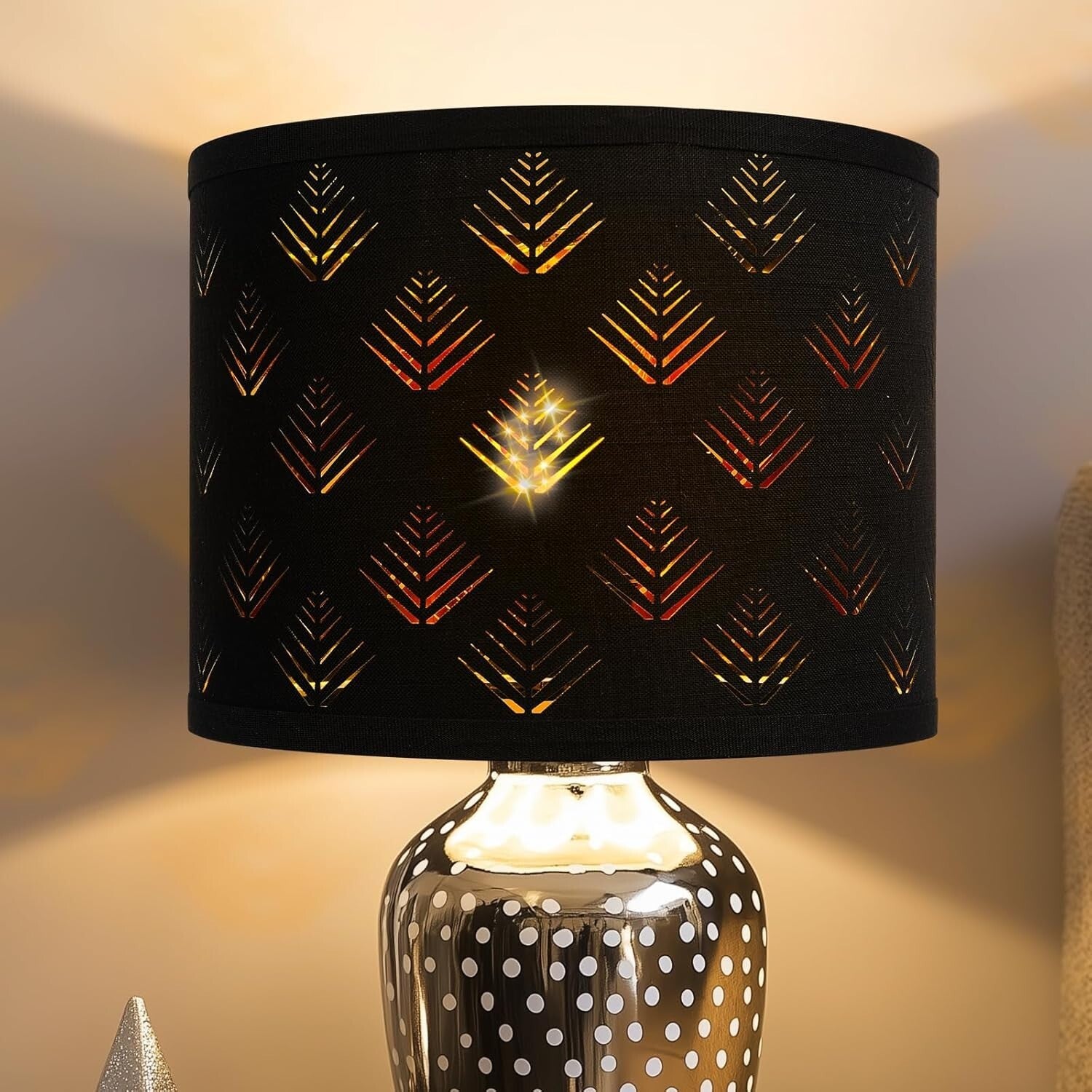 Stylish Black Drum Lampshades with Leaf Pattern - 13"x10" Easy Install Set of 2