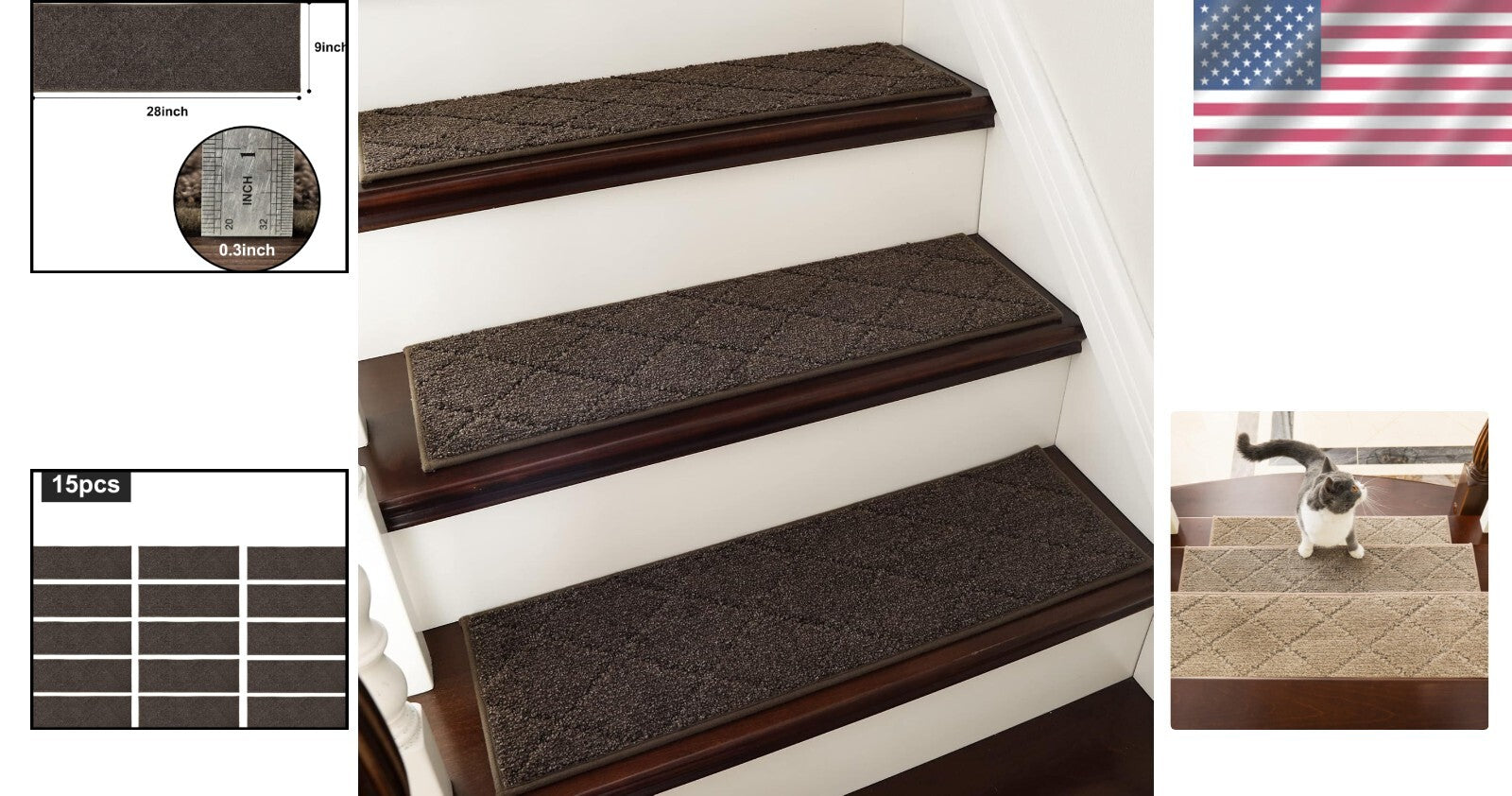 Non-Slip Indoor Stair Runners 28x9in - 15pc Brown Carpet Mats for Kids & Pets