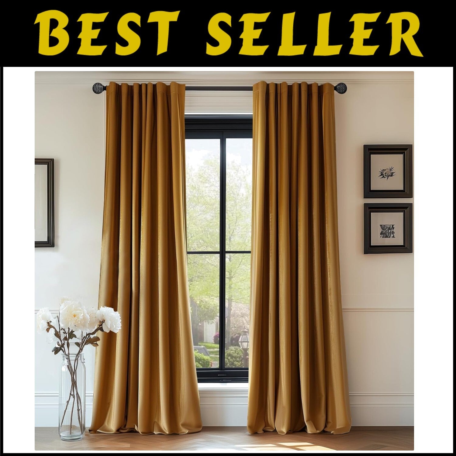 Luxury Gold Velvet Thermal Curtains, Soundproof Room Darkening Panels - 52x90 in
