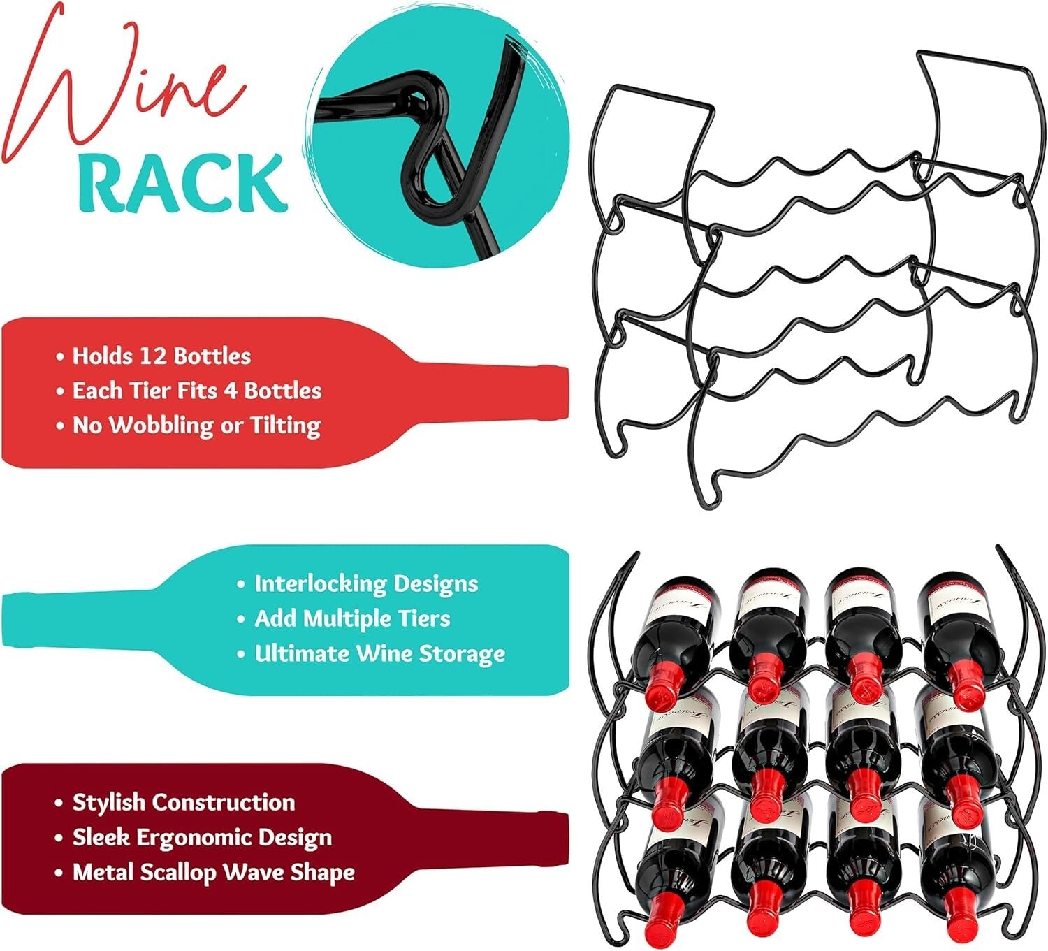 Durable 6-Tier Stackable Wine Rack for Kitchen, Bar: 24 Bottle Capacity