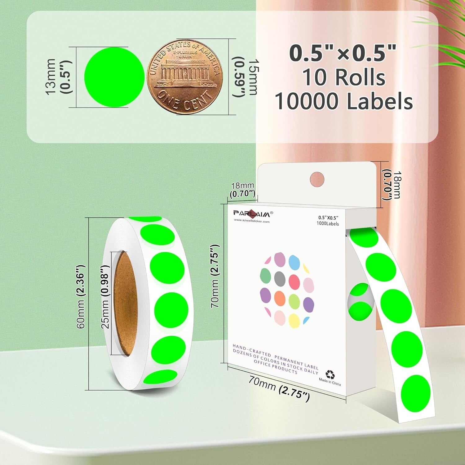 Bulk Pack of 10 Rolls Fluorescent Green 1/2 Inch Permanent Adhesive Dot Stickers