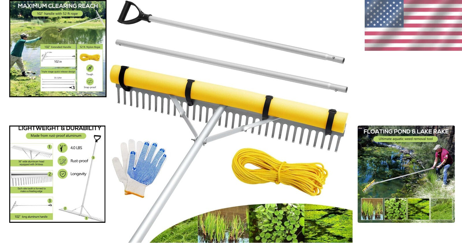 Versatile 36" Lake Rake with Detachable Handle & Weed Removal Rope - Yellow