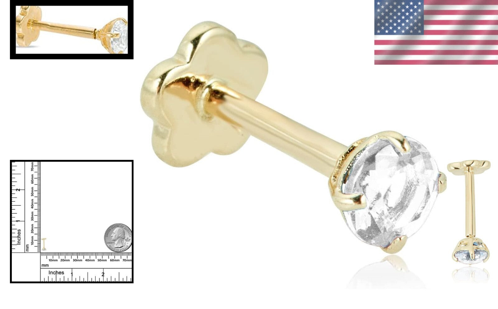 14K Gold Hypoallergenic Flat Back Cartilage Piercing with 3mm Simulated Diamond