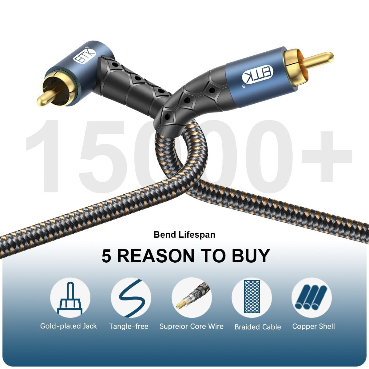 Premium 90 Degree RCA Subwoofer Cable - 24K Gold-Plated - 50ft for Hi-Fi Sound