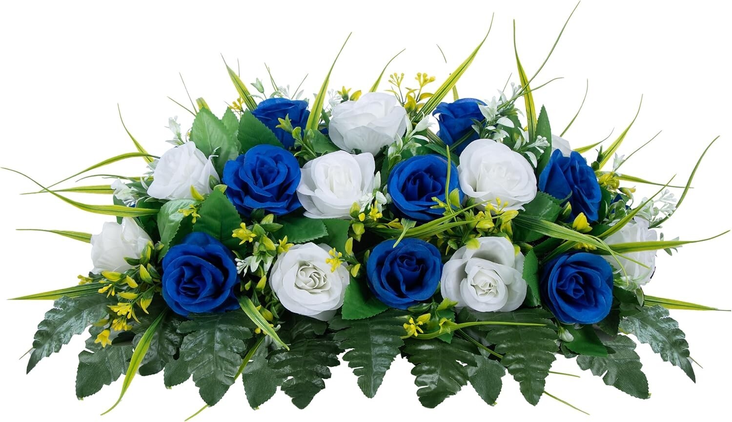 Memorial Flower Saddle for Headstones - Dark Blue & White Silk Roses Decoration