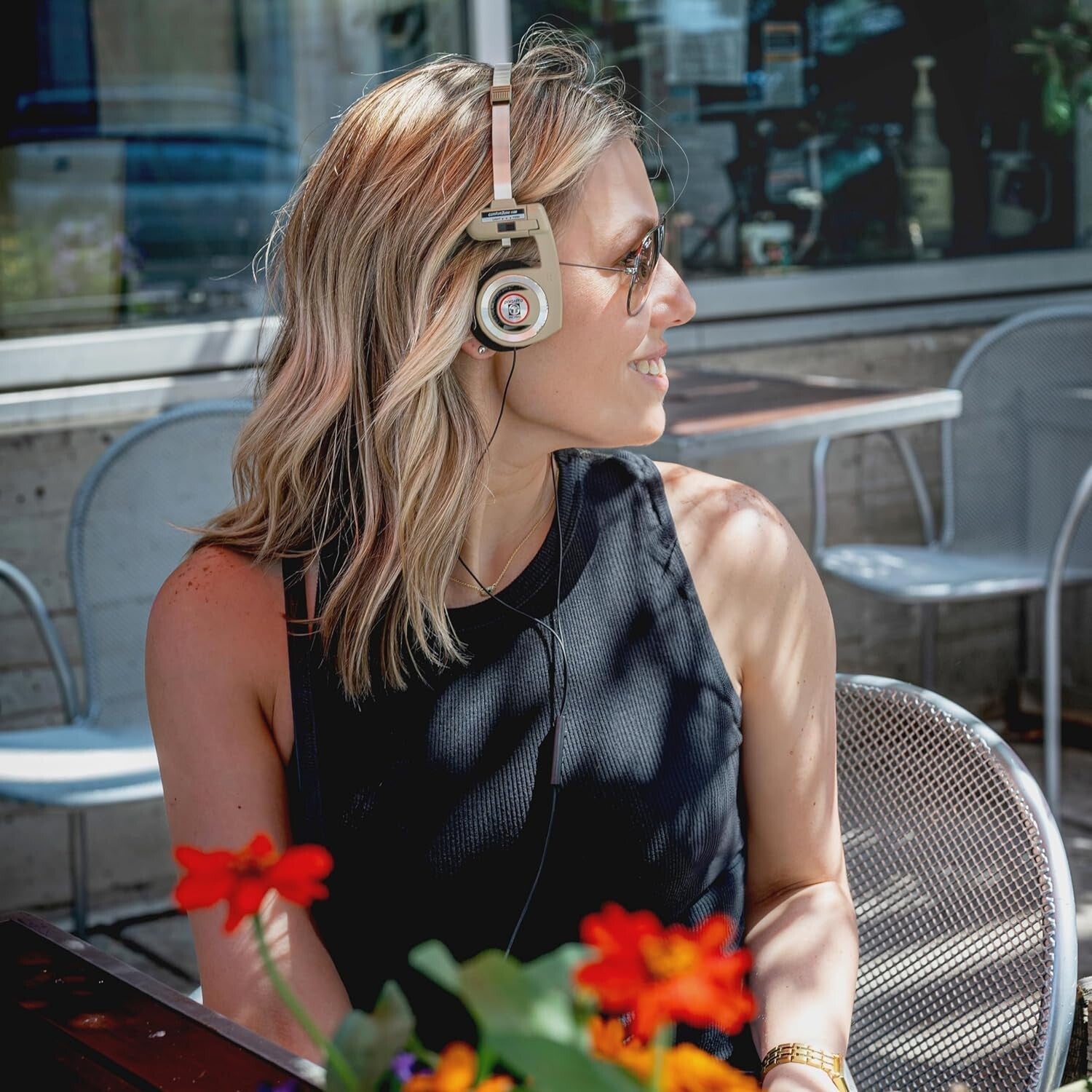 Foldable Porta Pro Headphones in Rhythm Beige with Volume Control & Carry Case