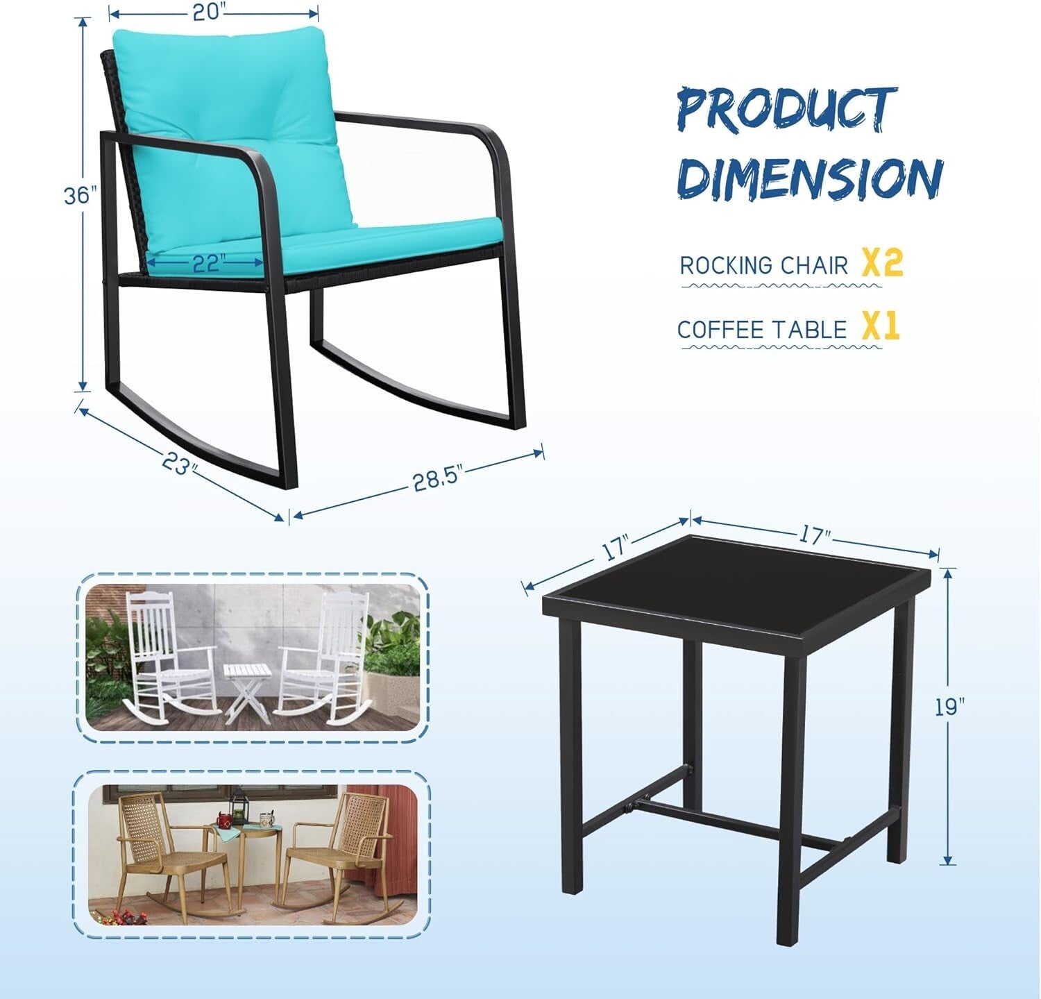 Durable Patio 3-Piece Rocking Wicker Set with Glass Table - Blue Elegance