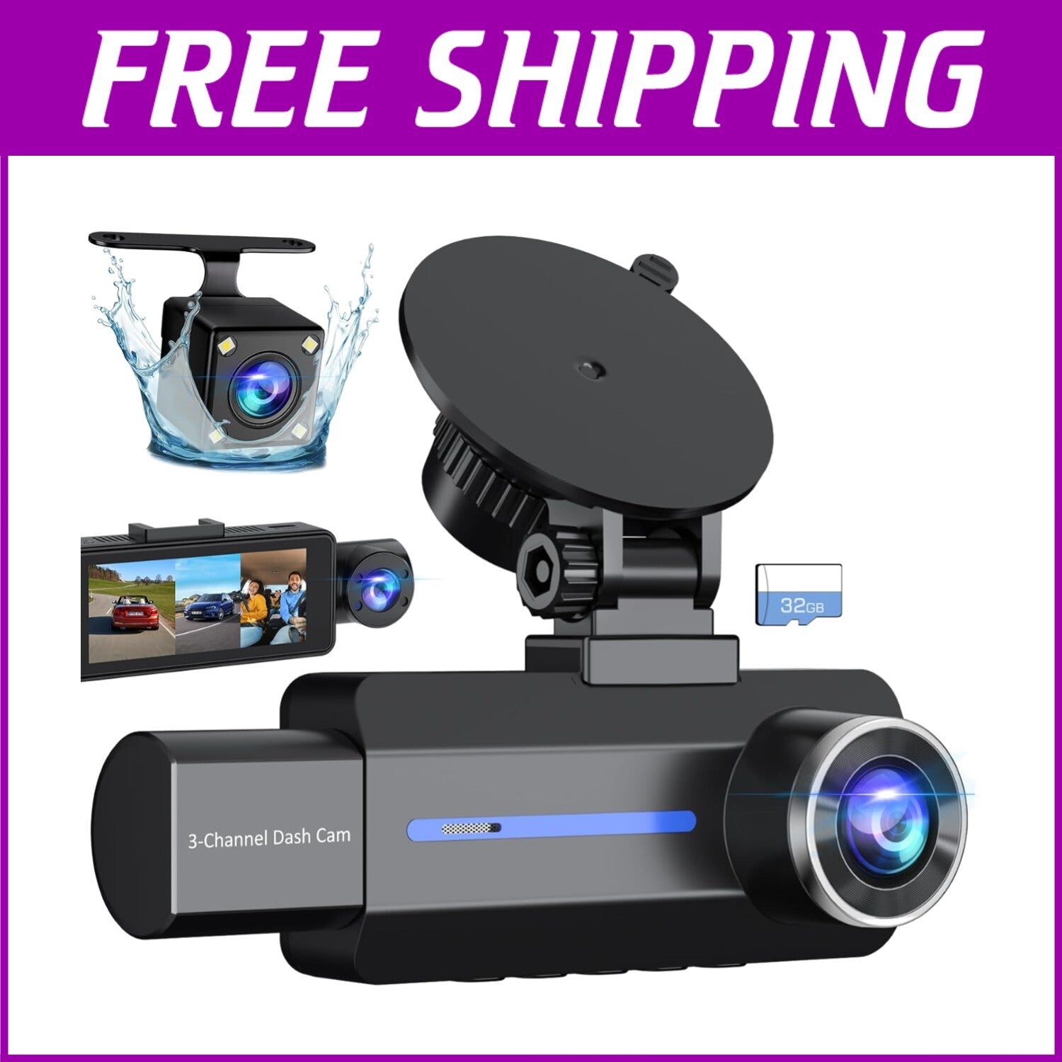 Advanced 2.5K Triple Car Dash Cam with IR Night Vision & 24Hr Parking Guard