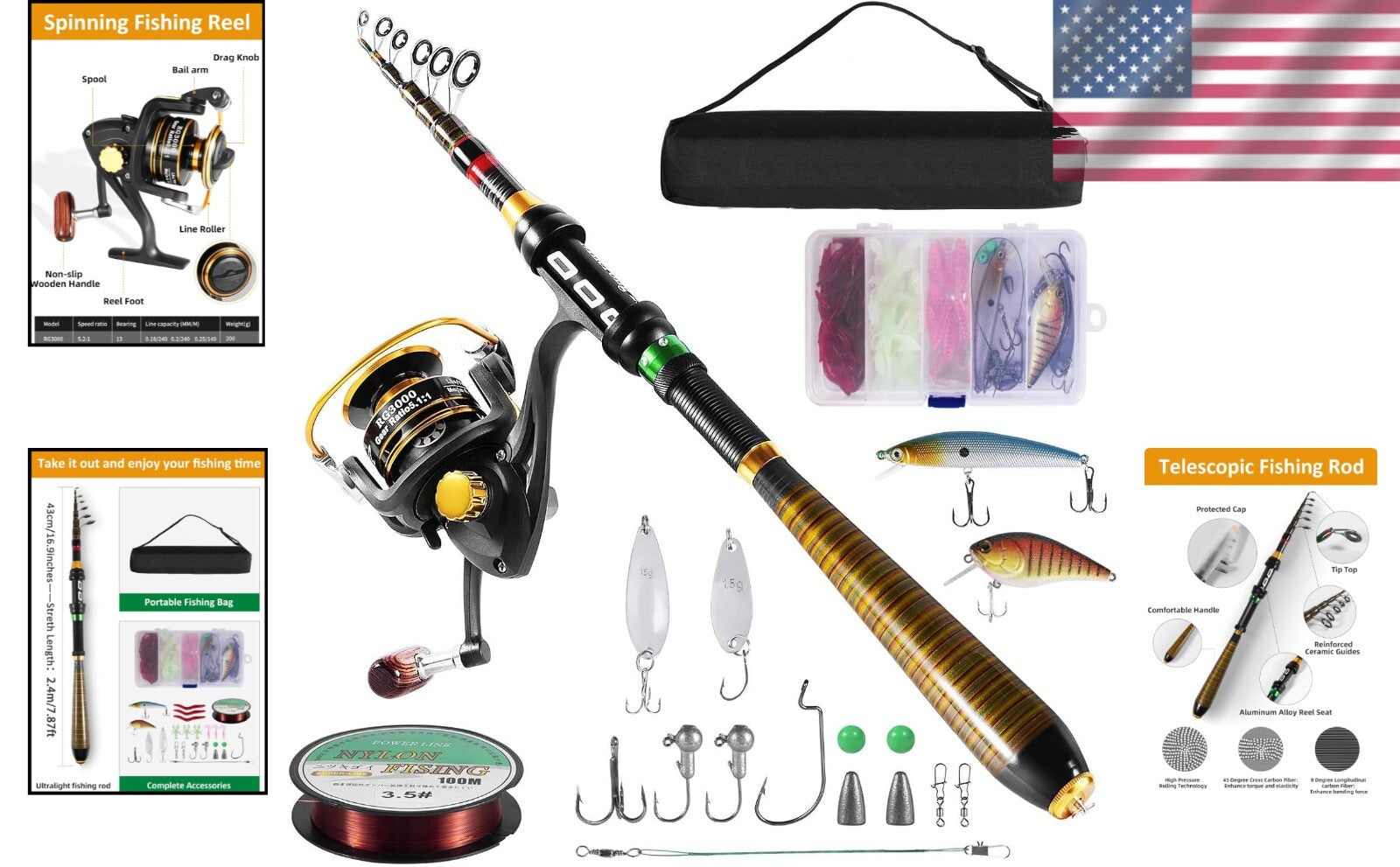 Portable Carbon Fiber Fishing Combo: 7.87ft Telescopic Rod with Spinning Reel