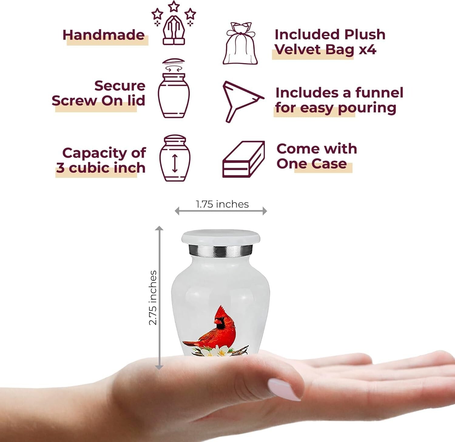 Set of 4 Mini Cremation Urns with Stunning Red Cardinal Design for Keepsakes