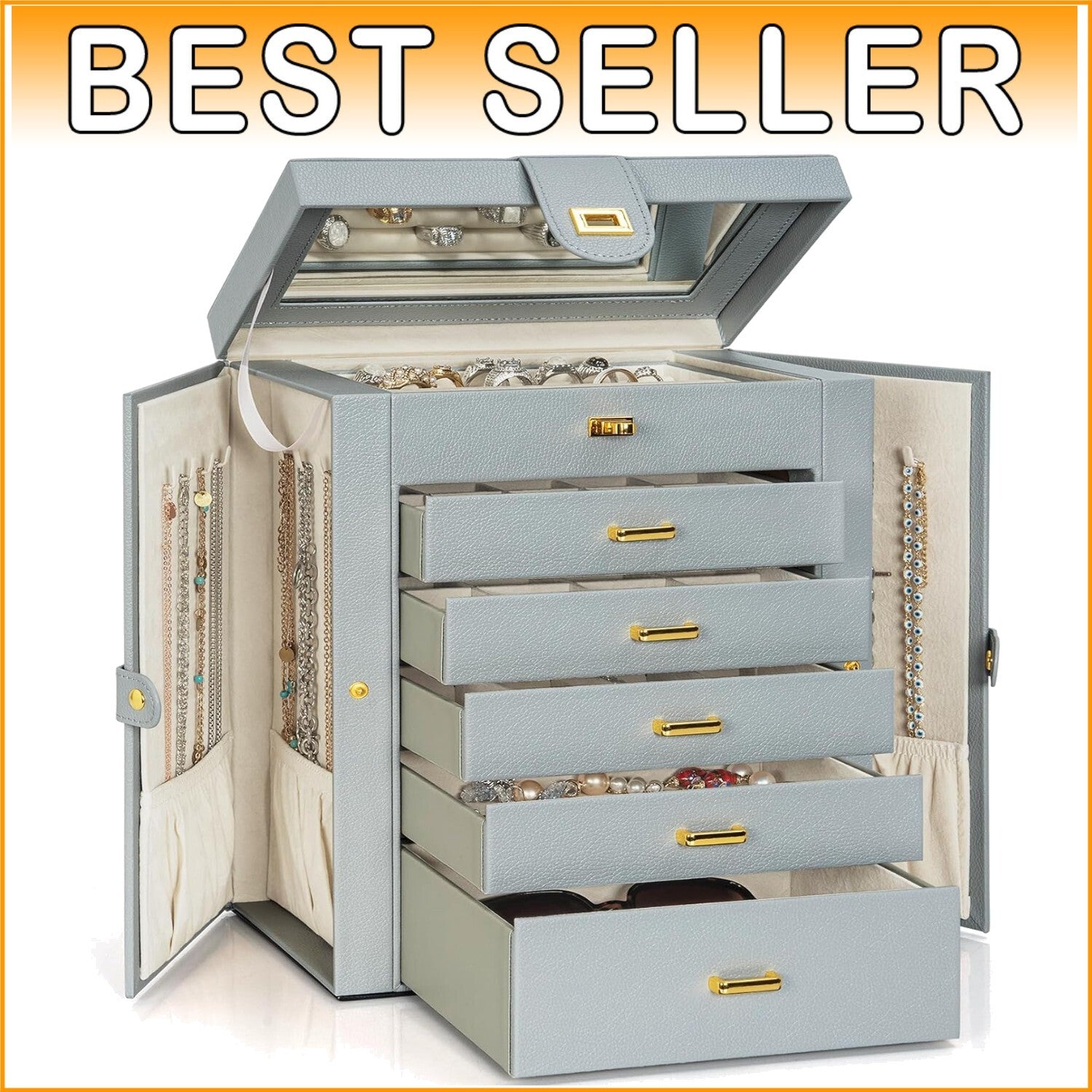 Elegant 5-Drawer Jewelry Organizer with Mirror - Dustproof Leather Storage