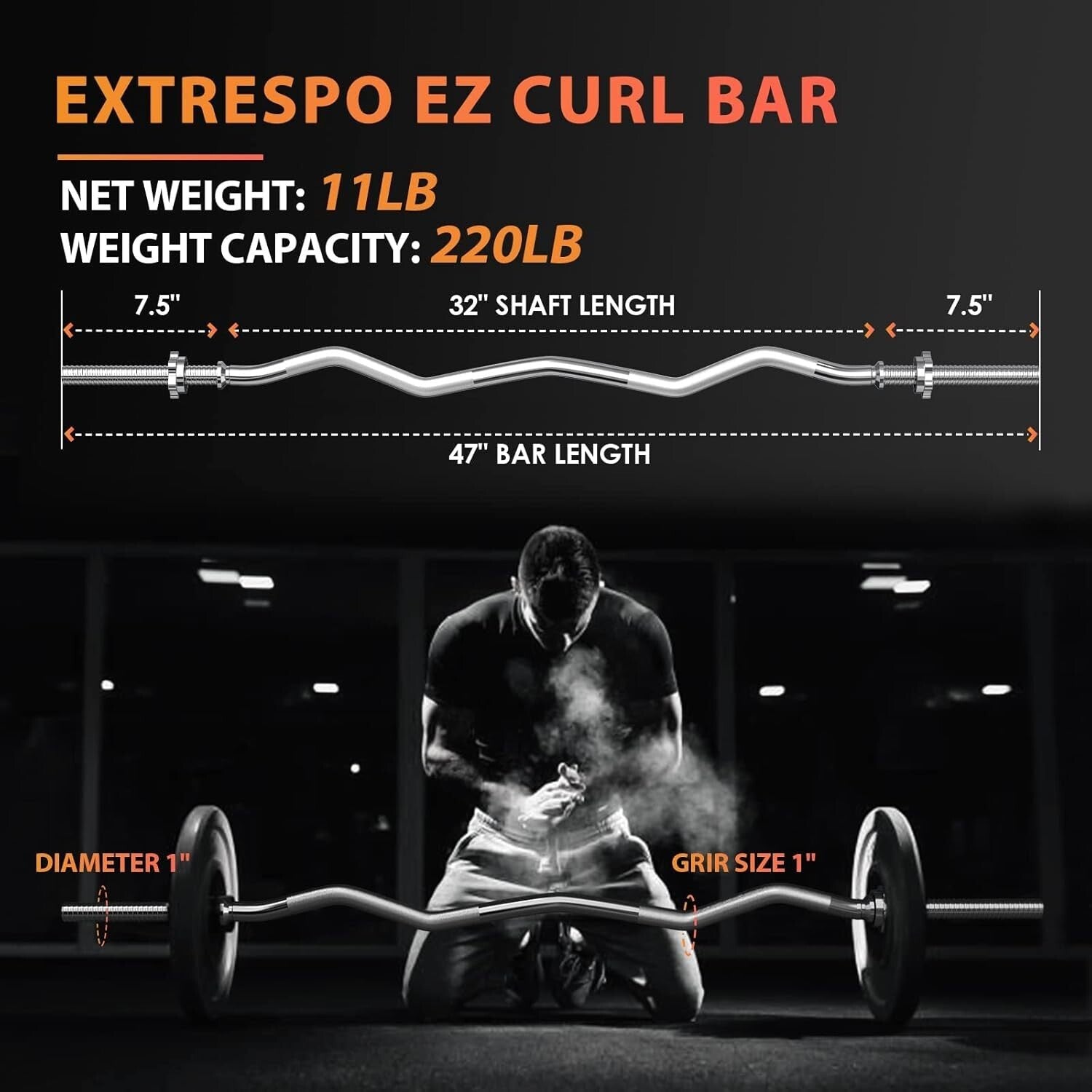 Nickel-Plated 47" EZ Curl Bar with Non-Slip Grip - Ideal for Strength Training