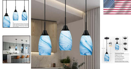 Elegant Blue Marble Art Glass Pendant Lighting - 3-Pack Adjustable Fixtures