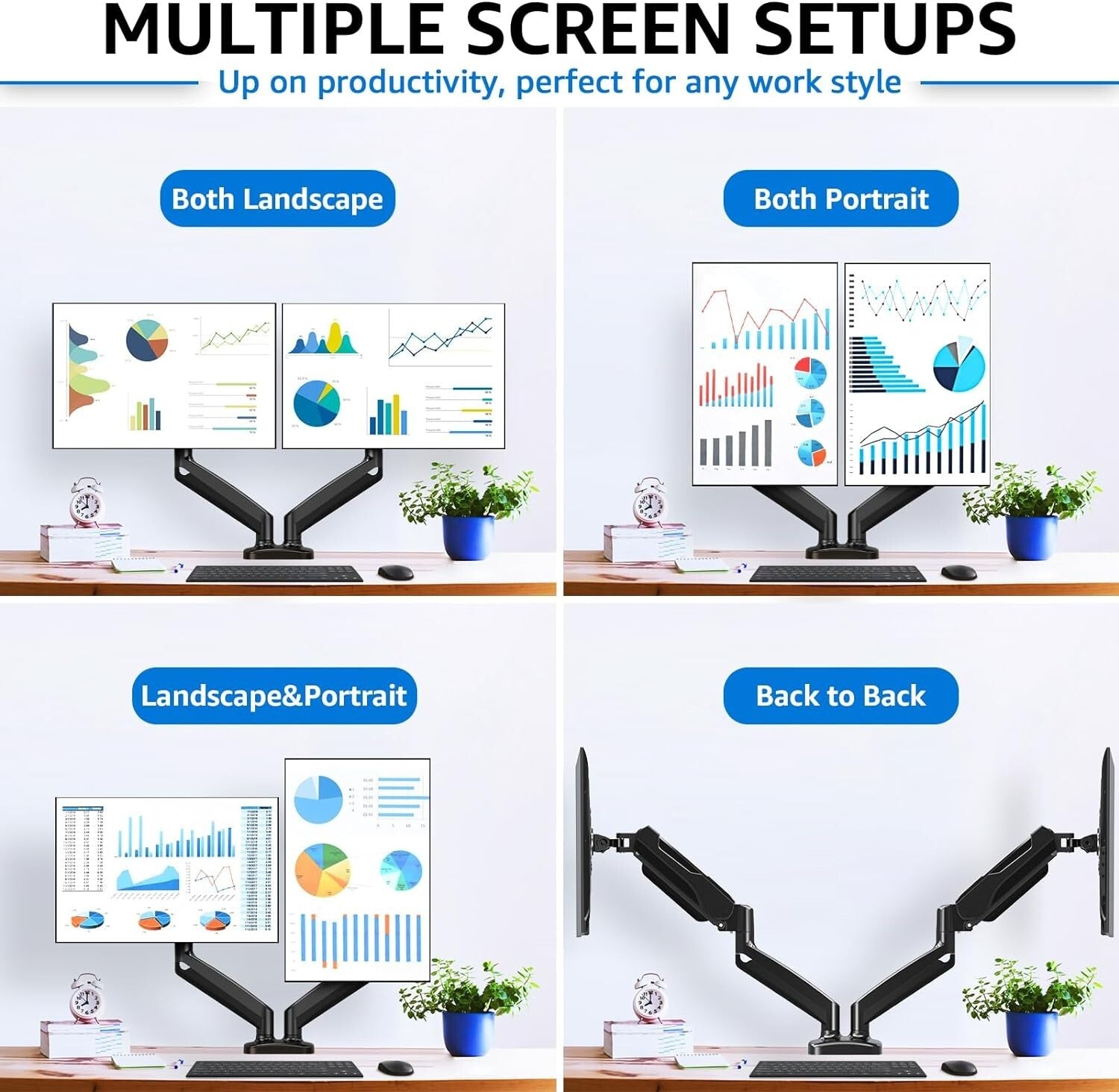 Height Adjustable Dual Monitor Arm with C-Clamp & Grommet Base - Black, Max 32"