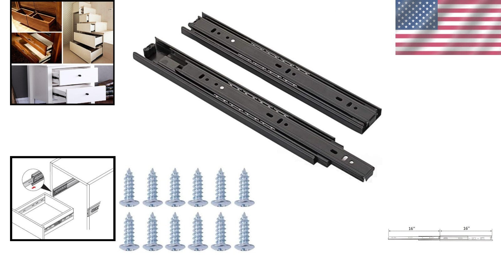4-Pair Full Extension Ball Bearing Drawer Slides - 16 Inch, 100 lbs Capacity