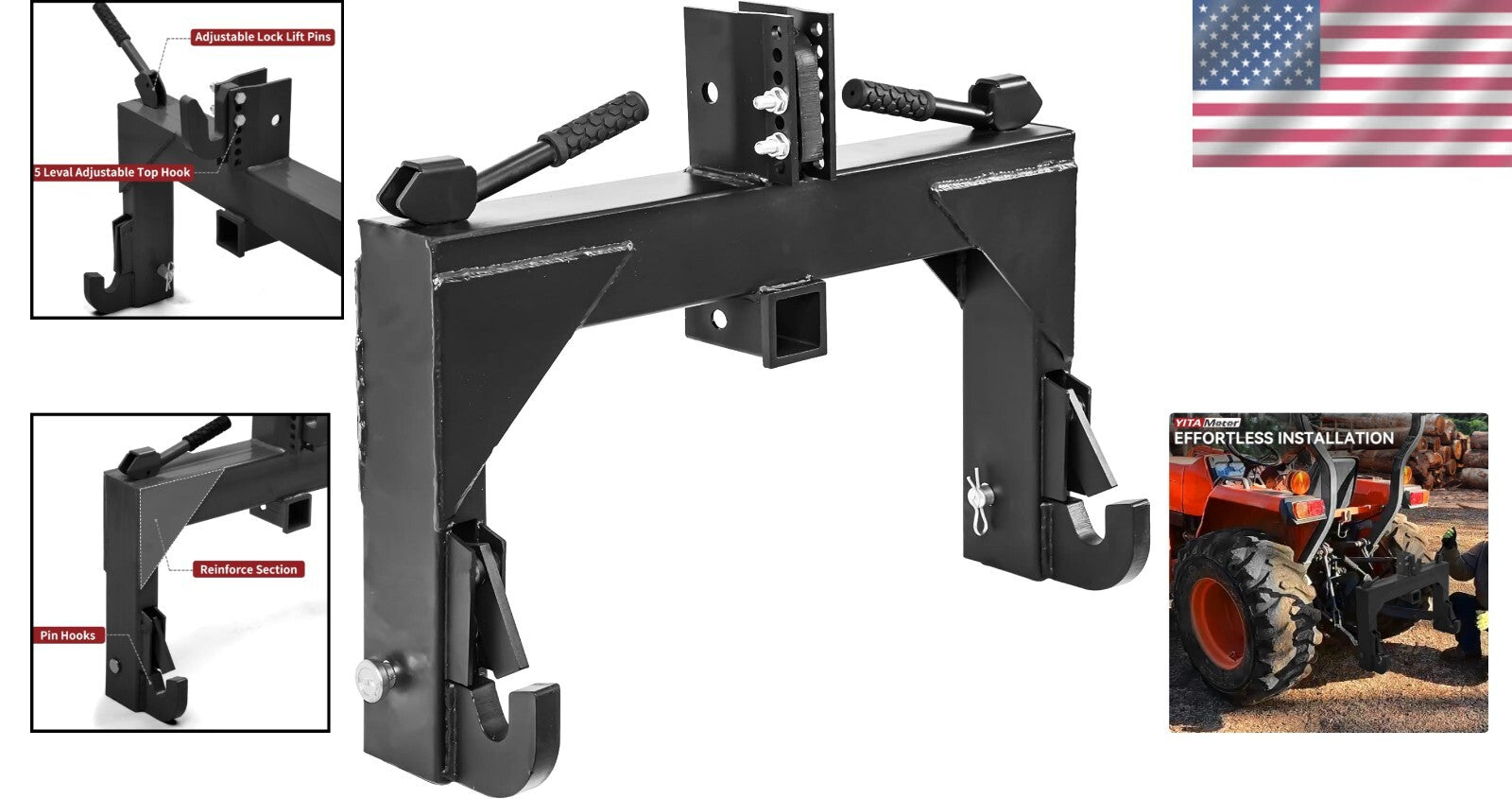 Category 1 Tractor 3-Pt Attachment with 2" Receiver and 5-Level Adjustability