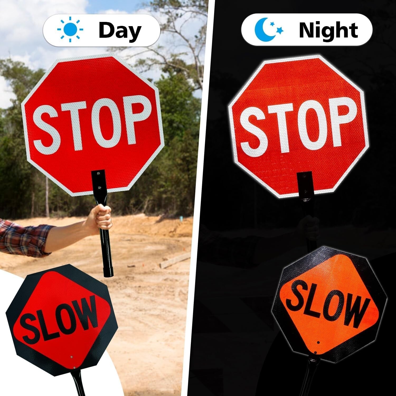 18x18 Double-Sided Stop Slow Sign with Metal Handle, 2 Pack - Reflective Safety