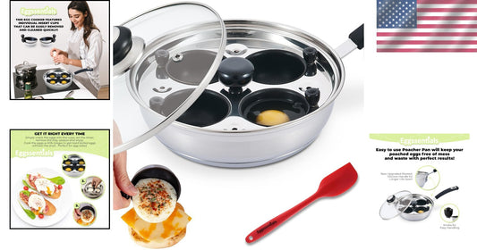 Deluxe Stainless Steel Egg Poacher with 4 Large Cups and Tempered Glass Lid