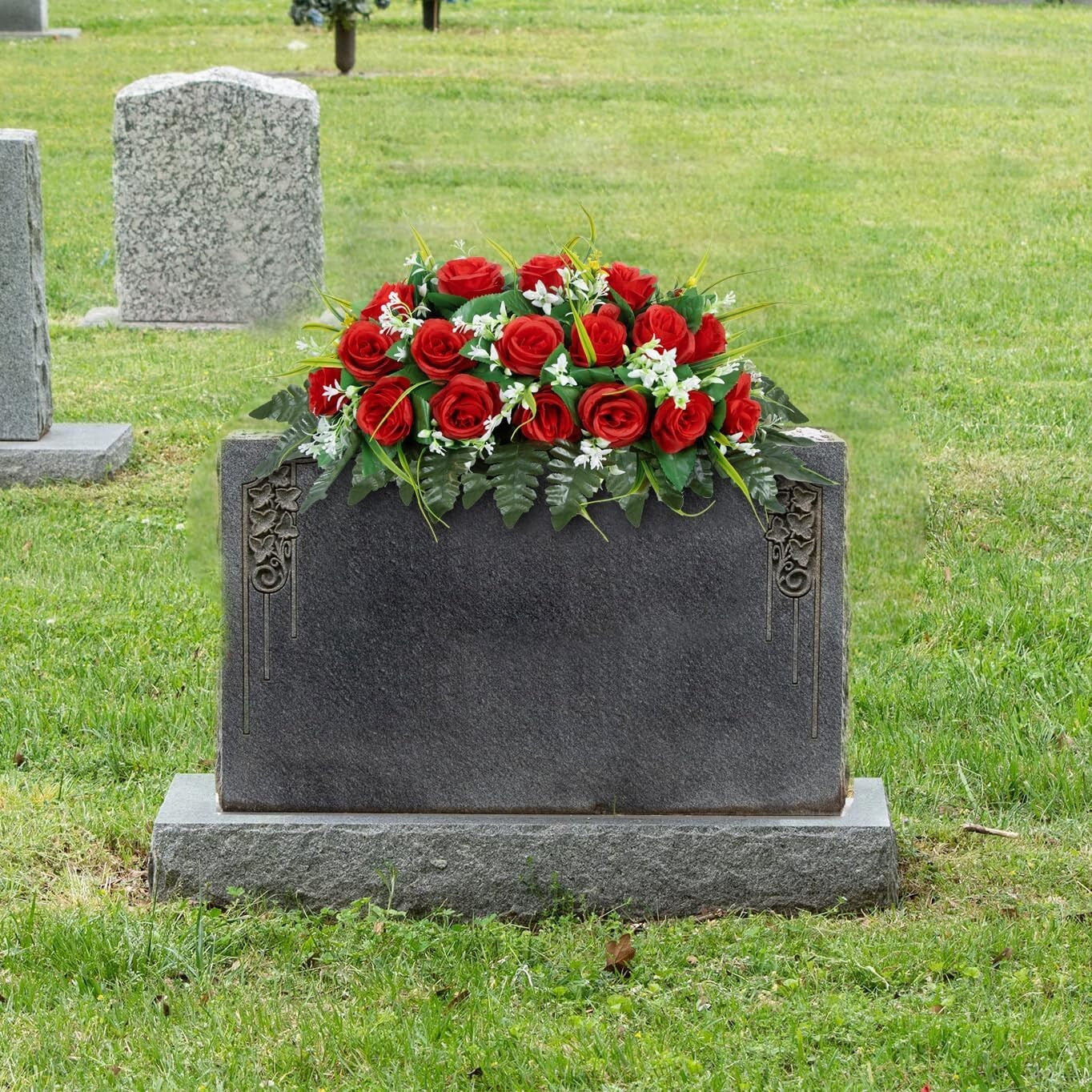 Elegant Red Silk Roses Cemetery Headstone Flower Saddle - All-Weather Decor