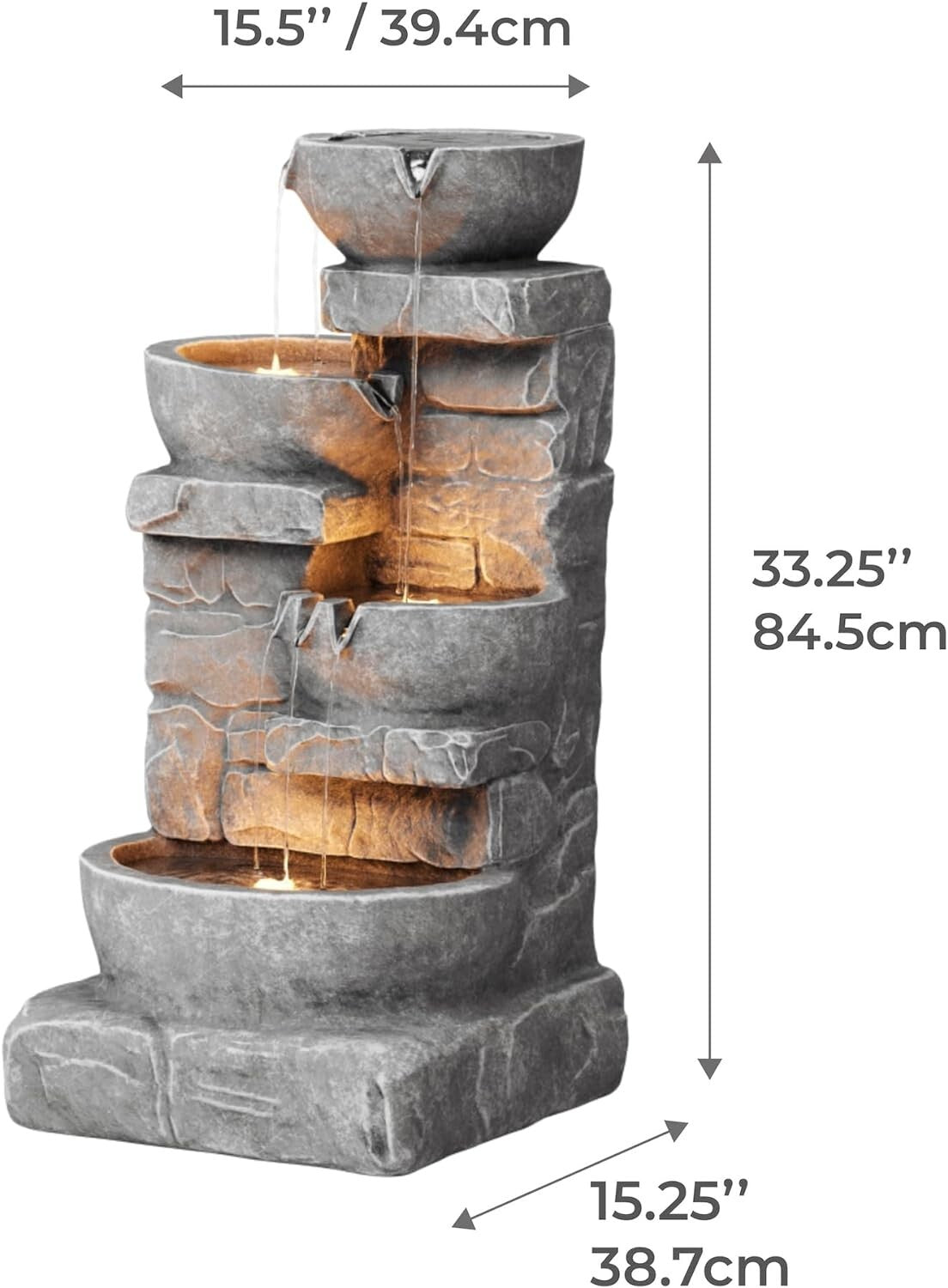 Elegant 33.25" LED Water Fountain with Cascading Bowls for Patios and Gardens