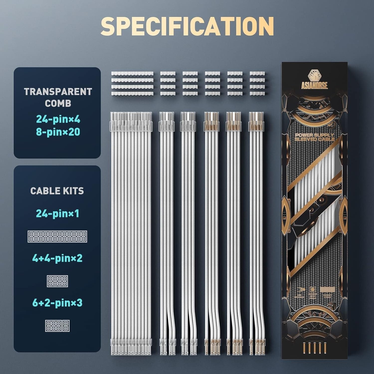 High-Current 30CM PSU Extension Cable Set with Elegant White Design and Combs